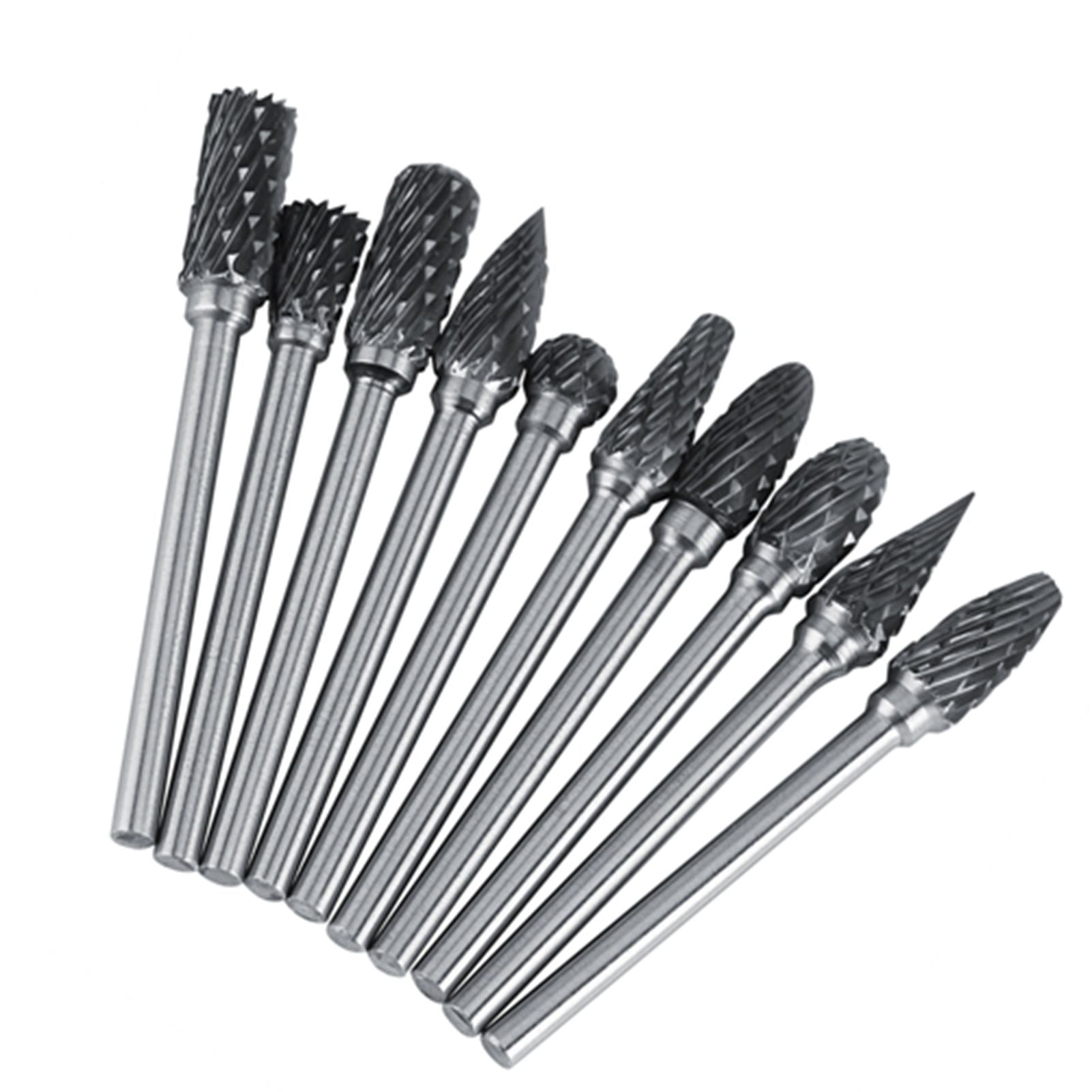 10pcs Tungsten Carbide Steel Rotary Files Burr Set 3mm Shank 6mm Cutting Diameter Double Cut