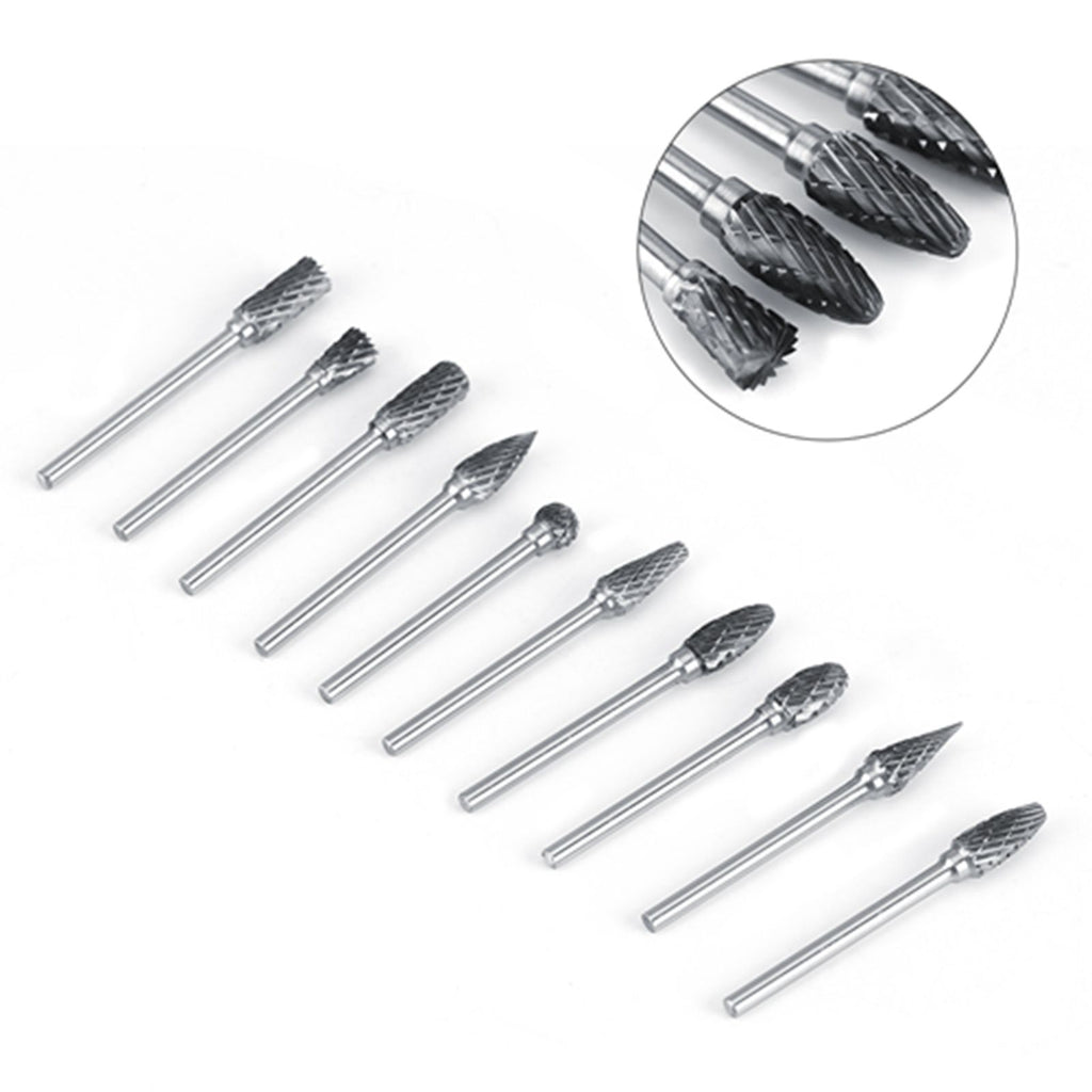 10pcs Tungsten Carbide Steel Rotary Files Burr Set 3mm Shank 6mm Cutting Diameter Double Cut
