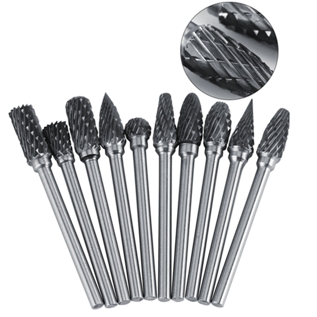 10pcs Tungsten Carbide Steel Rotary Files Burr Set 3mm Shank 6mm Cutting Diameter Double Cut