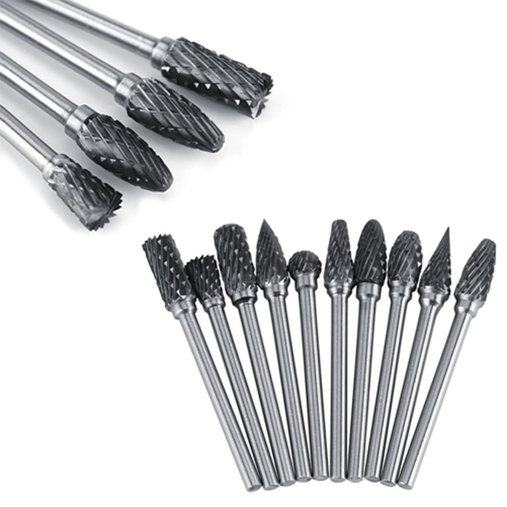 10pcs Tungsten Carbide Steel Rotary Files Burr Set 3mm Shank 6mm Cutting Diameter Double Cut