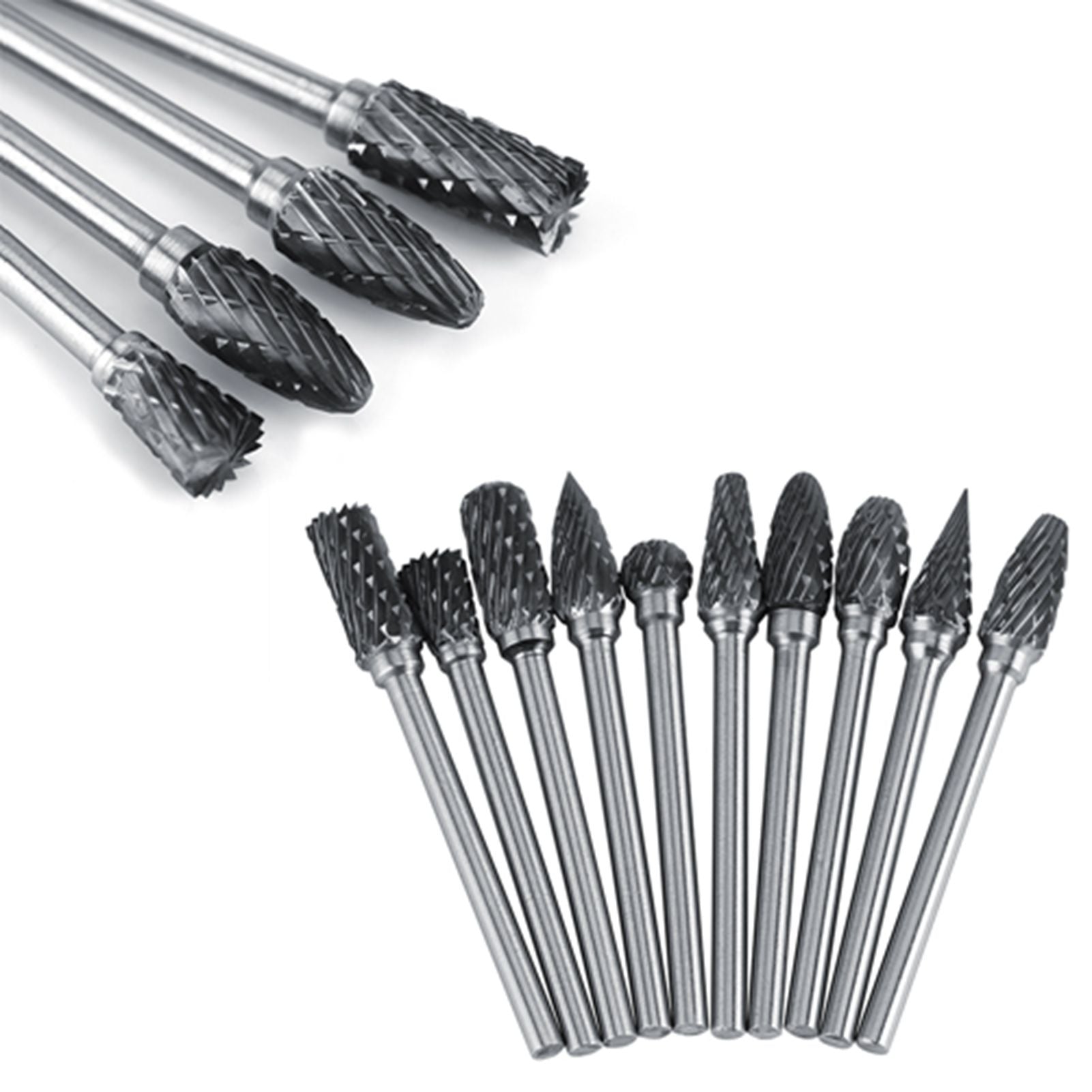 10pcs Tungsten Carbide Steel Rotary Files Burr Set 3mm Shank 6mm Cutting Diameter Double Cut