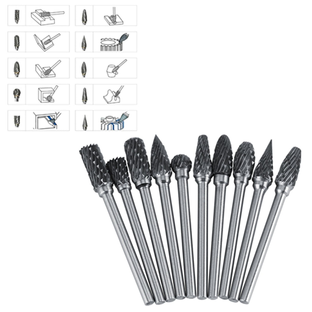 10pcs Tungsten Carbide Steel Rotary Files Burr Set 3mm Shank 6mm Cutting Diameter Double Cut