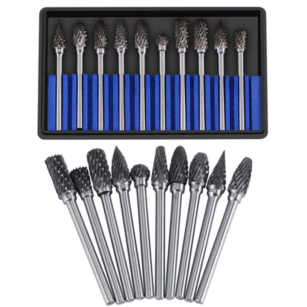 10pcs Tungsten Carbide Steel Rotary Files Burr Set 3mm Shank 6mm Cutting Diameter Double Cut