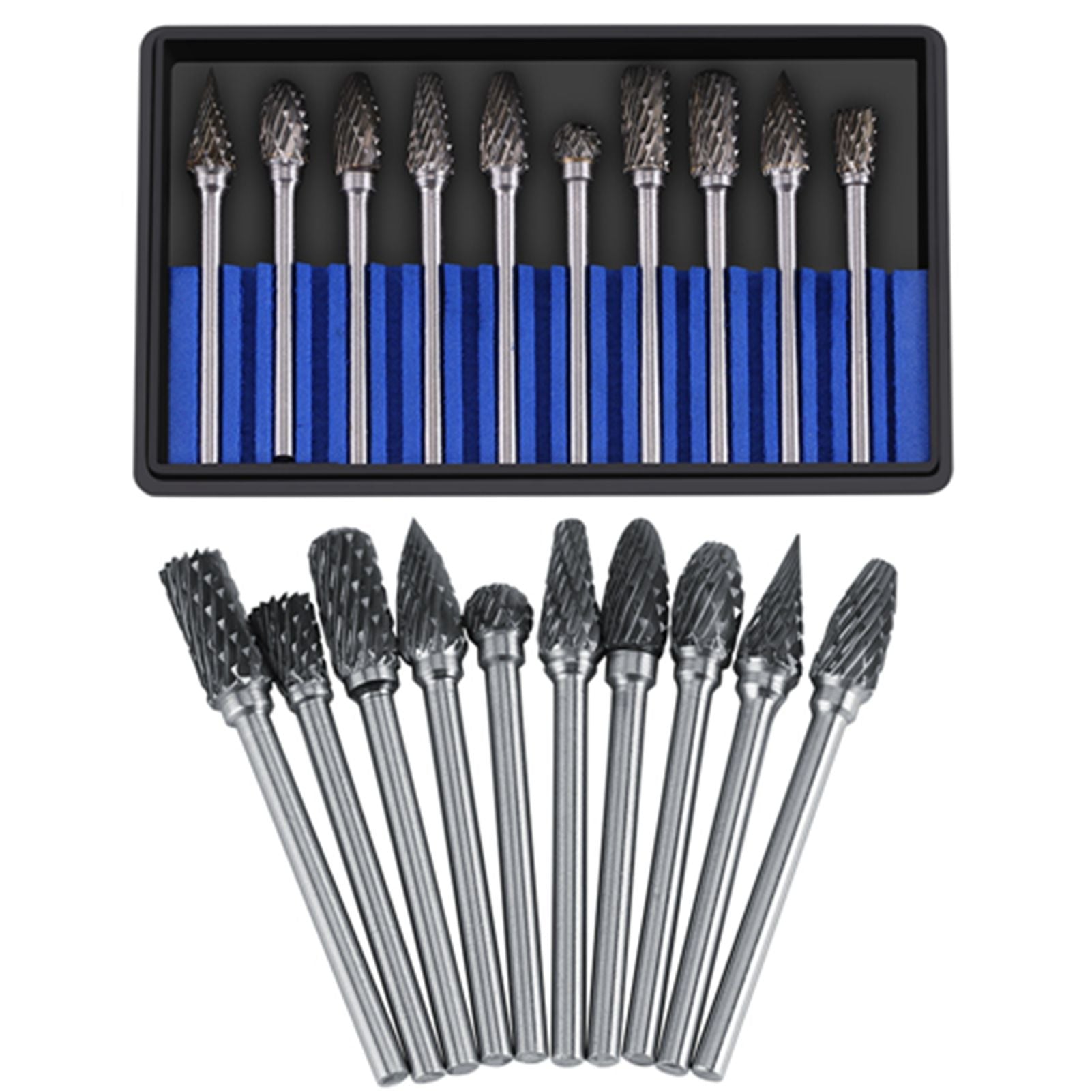 10pcs Tungsten Carbide Steel Rotary Files Burr Set 3mm Shank 6mm Cutting Diameter Double Cut