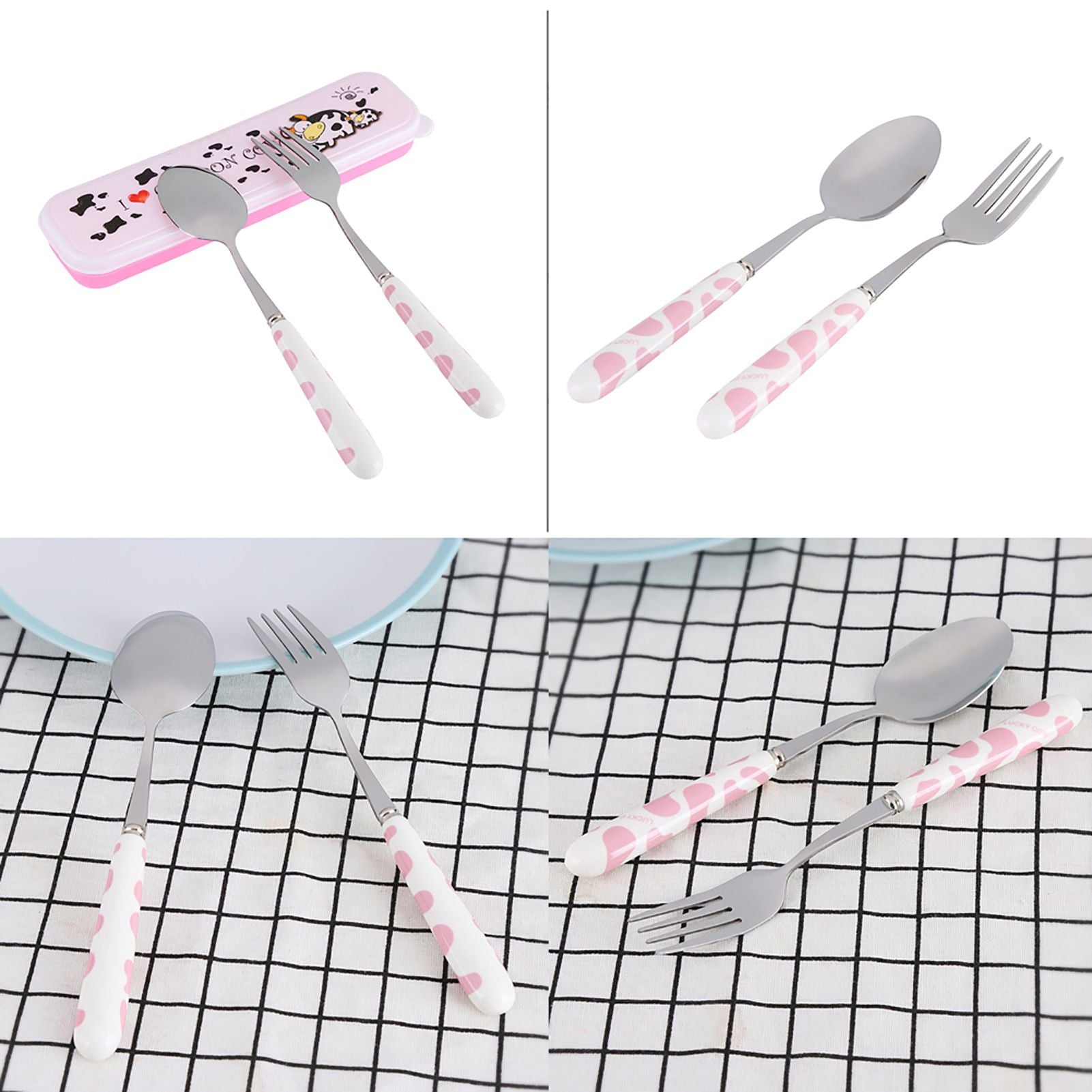 2 PCS Stainless Steel Knife Fork Spoon Kitchen Flatware Tableware with Box Children Set Pink