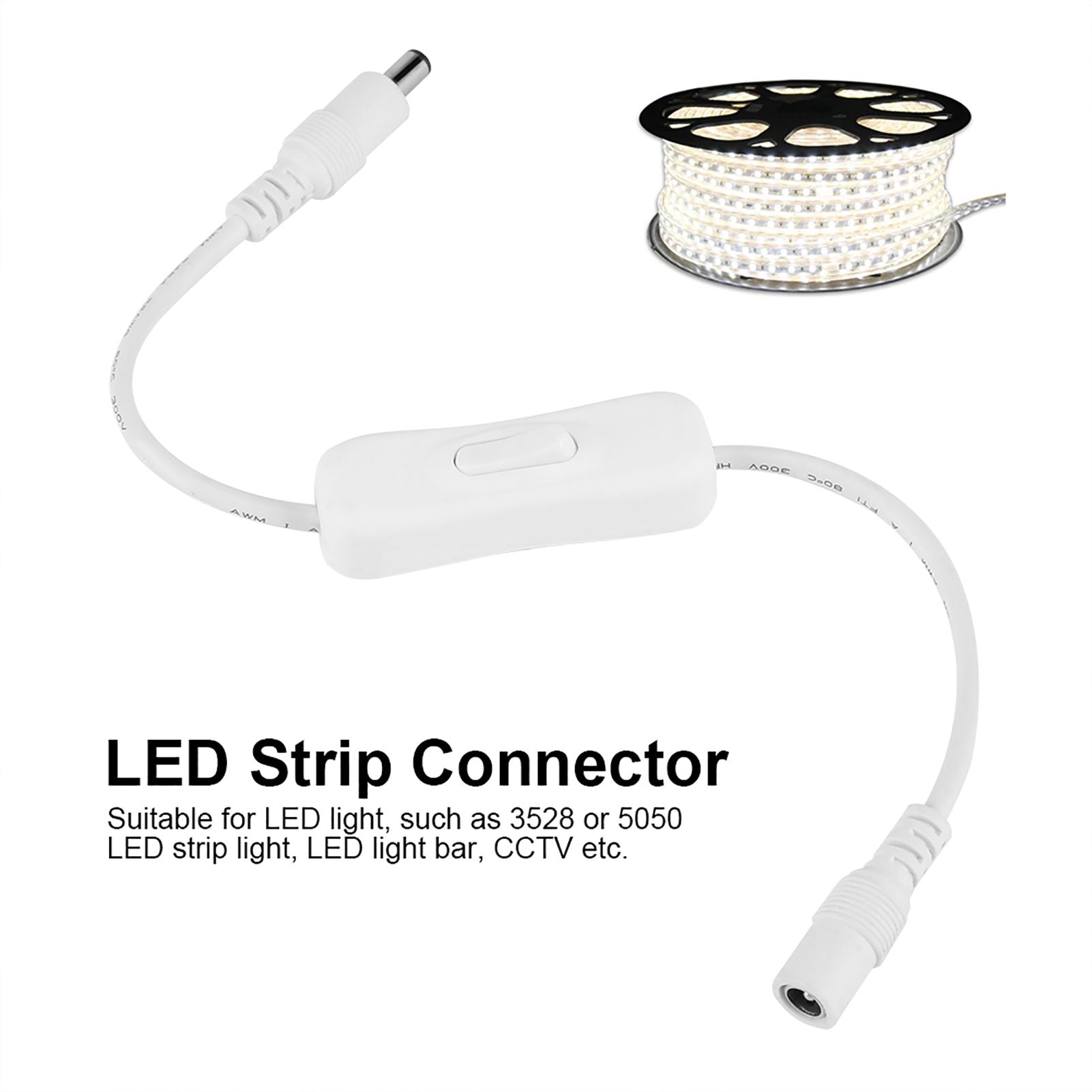 5Pcs 28.5cm DC Power Adapter Connector Inline with ON/OFF Switch for LED Strip Lights White
