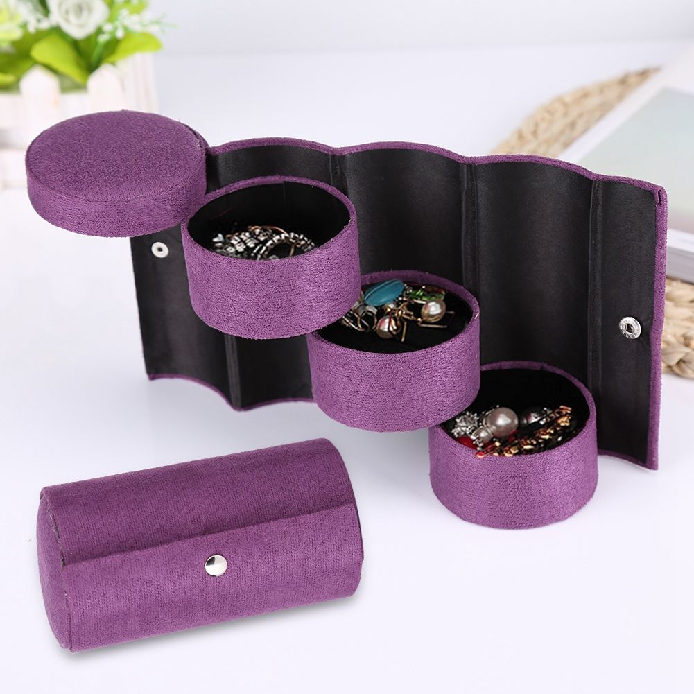 Portable 3 Layers Cylinder Shaped Jewelry Storage Box Organizer for Girls Women Gift Purple