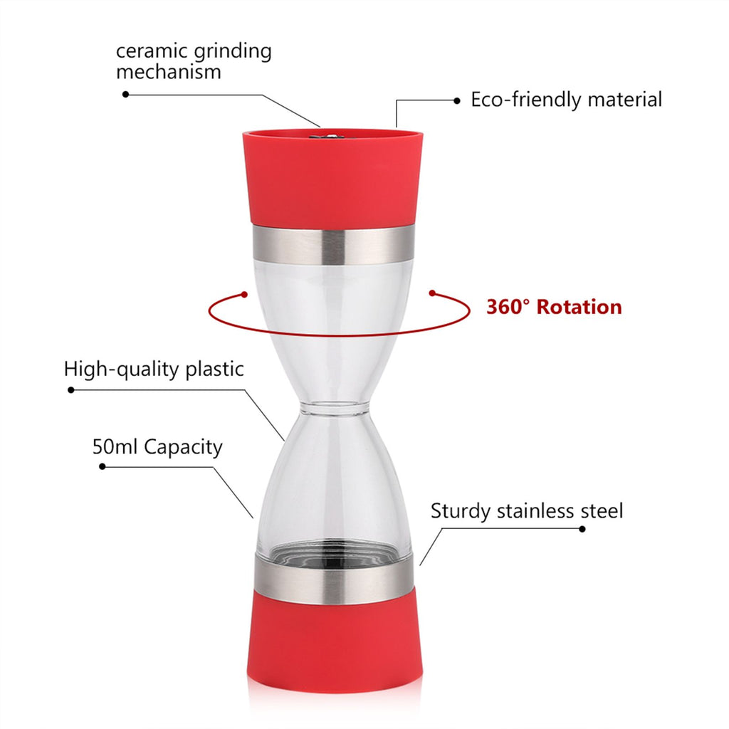 2 in 1 Double ended Manual Kitchen Salt & Pepper Mill Grinder Adjustable Ceramic Rotor Red