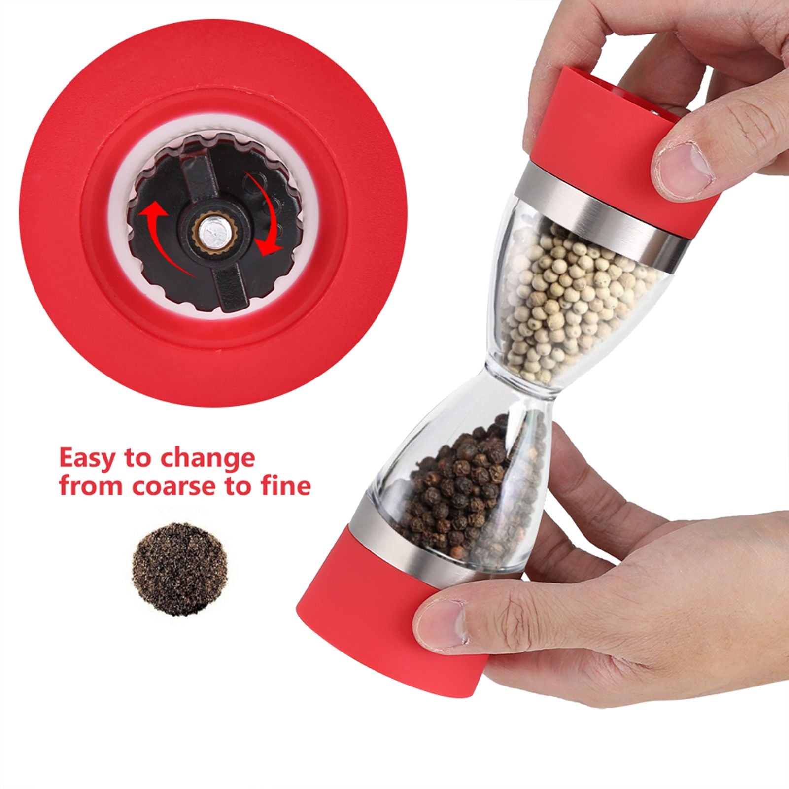 2 in 1 Double ended Manual Kitchen Salt & Pepper Mill Grinder Adjustable Ceramic Rotor Red