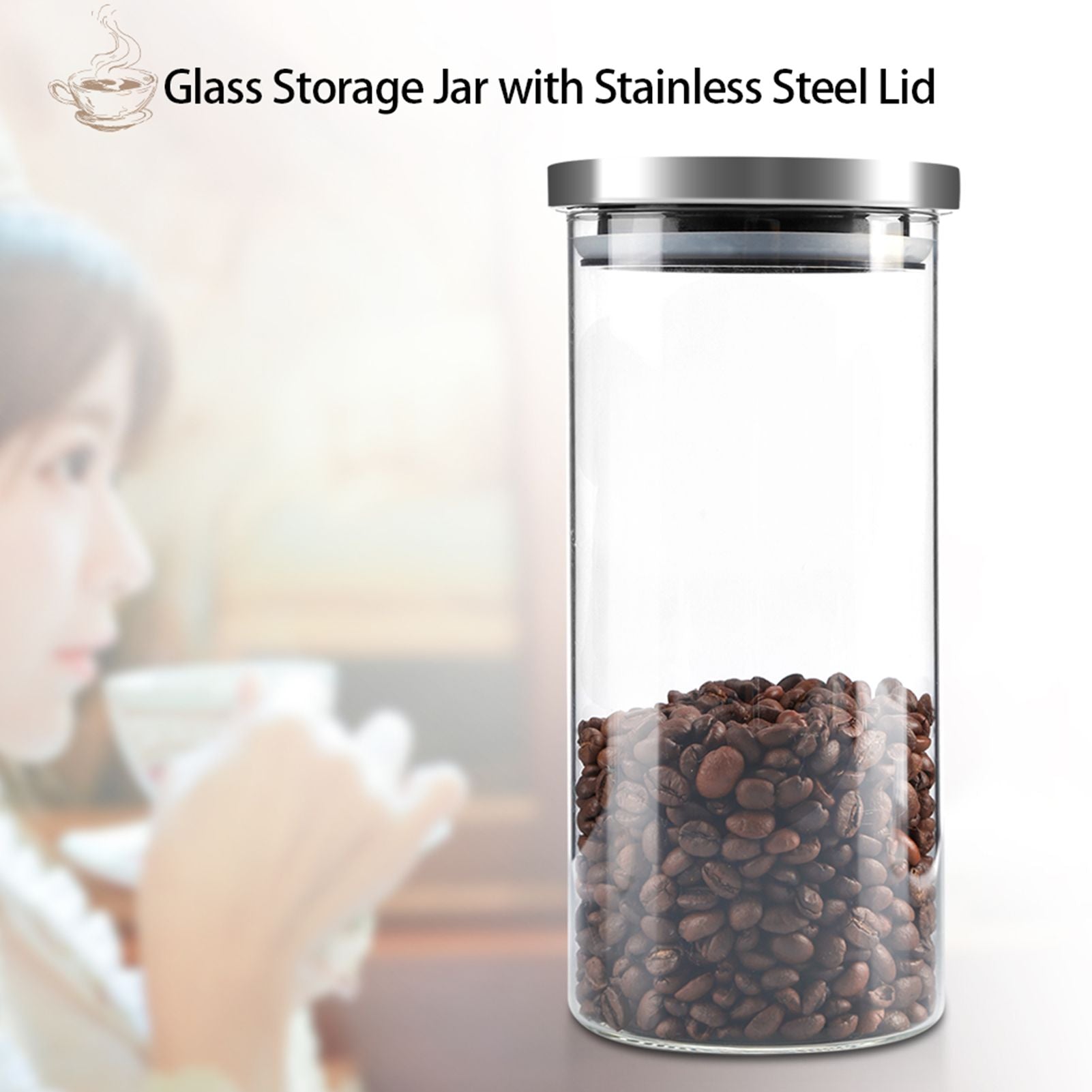 1000ml Glass Storage Jar Coffee Beans Kitchen Food Container Stainless Steel Lid