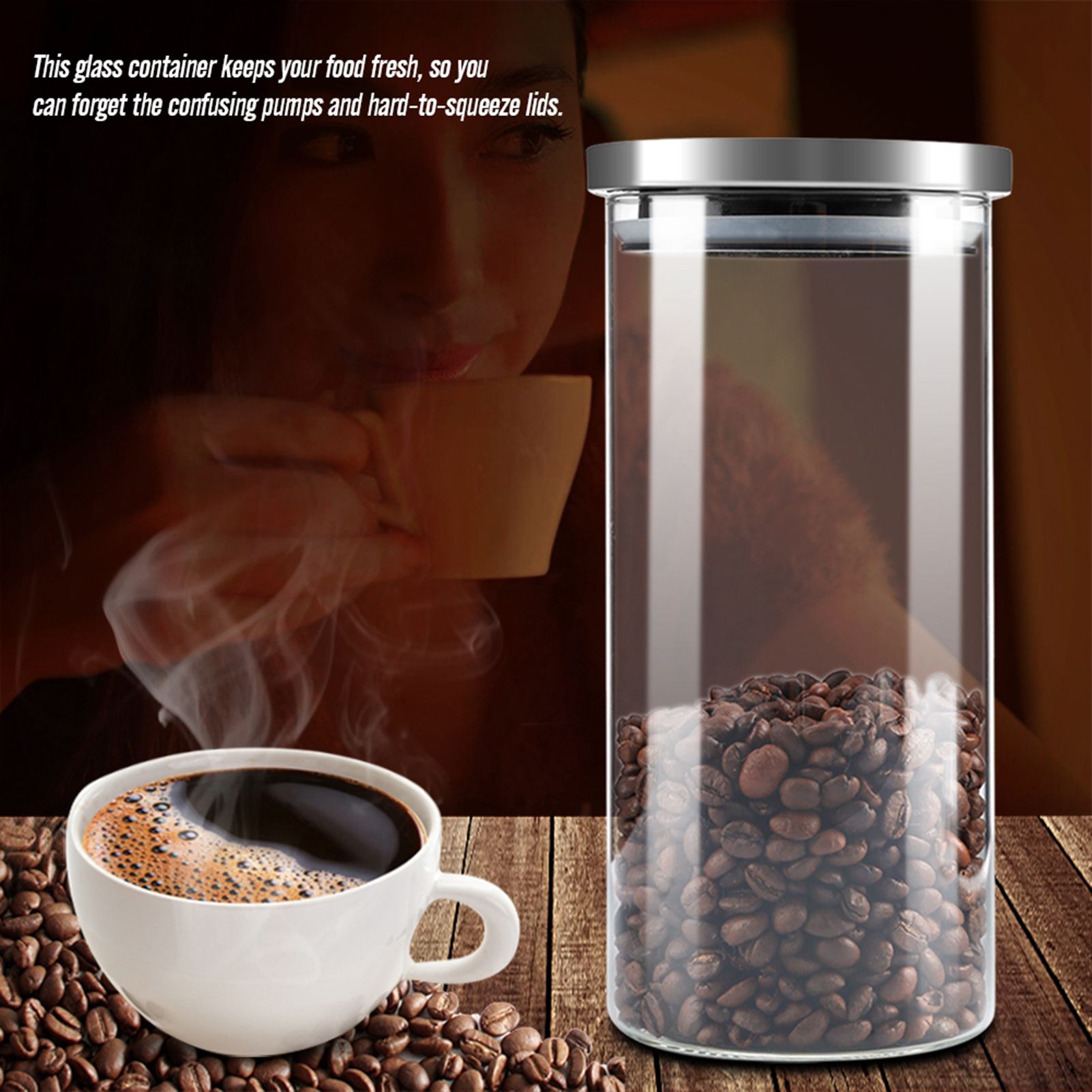 1000ml Glass Storage Jar Coffee Beans Kitchen Food Container Stainless Steel Lid
