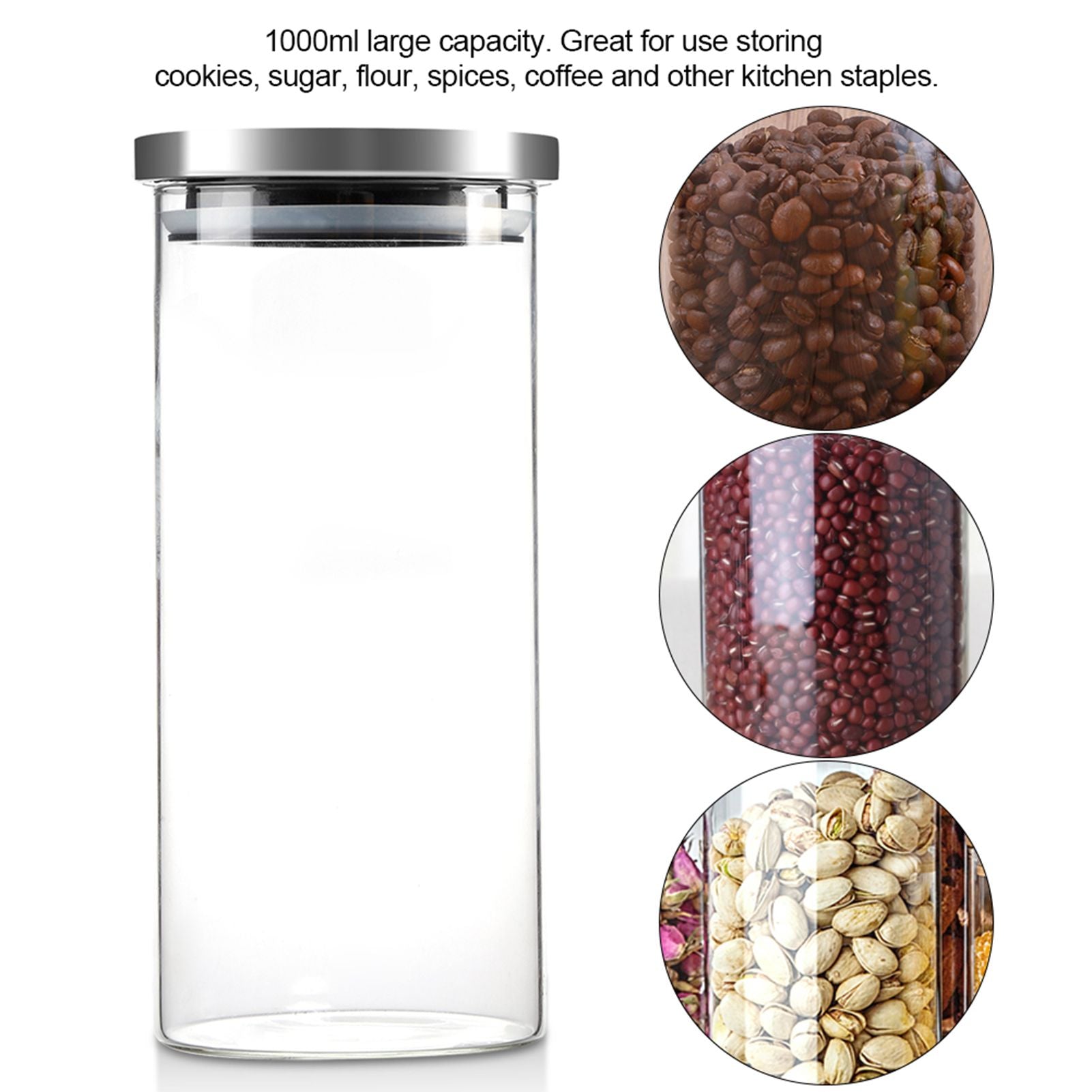 1000ml Glass Storage Jar Coffee Beans Kitchen Food Container Stainless Steel Lid