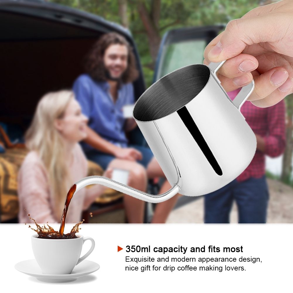 Stainless Steel Drip Coffee Pot Long Gooseneck Spout Kettle Cup Tea Tool (Silver 350mL)