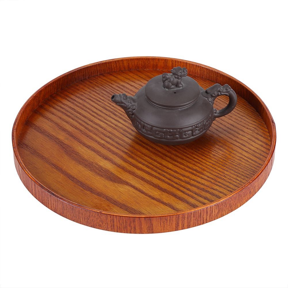 Round Natural Wood Serving Tray Wooden Plate Tea Food Server Dishes Water Drink Platter 24 cm