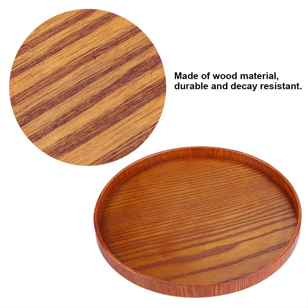 Round Natural Wood Serving Tray Wooden Plate Tea Food Server Dishes Water Drink Platter 24 cm