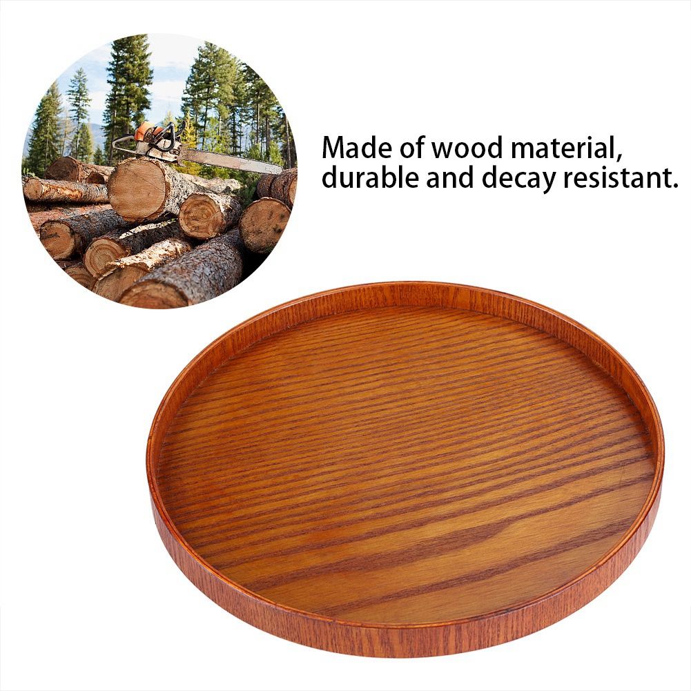 Round Natural Wood Serving Tray Wooden Plate Tea Food Server Dishes Water Drink Platter 24 cm