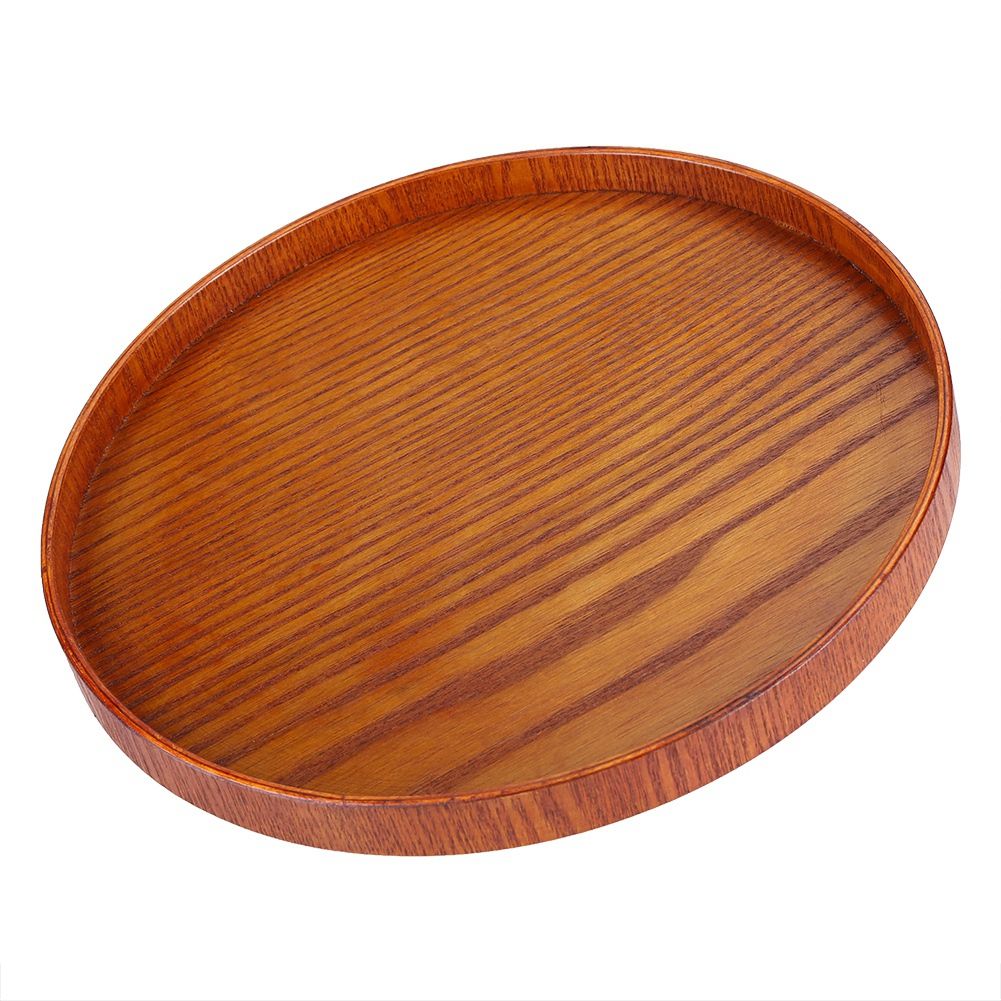 Round Natural Wood Serving Tray Wooden Plate Tea Food Server Dishes Water Drink Platter 33cm