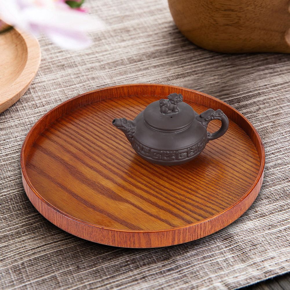 Round Natural Wood Serving Tray Wooden Plate Tea Food Server Dishes Water Drink Platter 33cm
