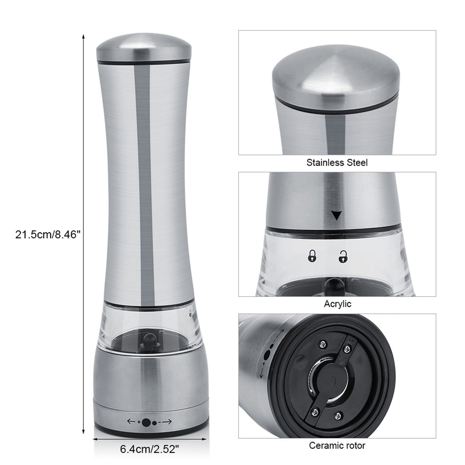 Stainless Steel & Acrylic Manual Salt & Pepper Mill Grinder Kitchen Cooking Tool