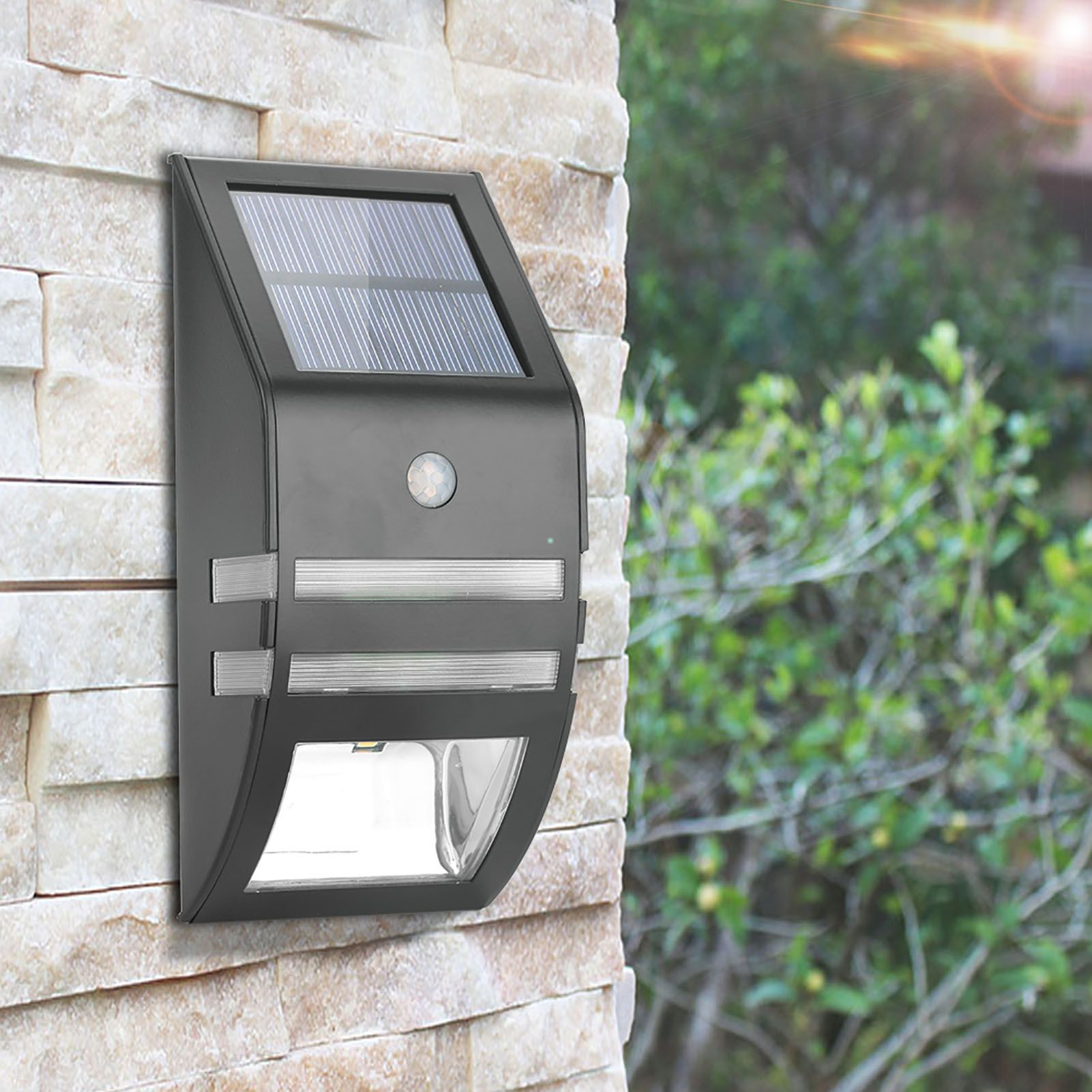 Solar Powered PIR Motion Sensor 2 LED Path Wall Light Garden Security Lamps Black Warm White