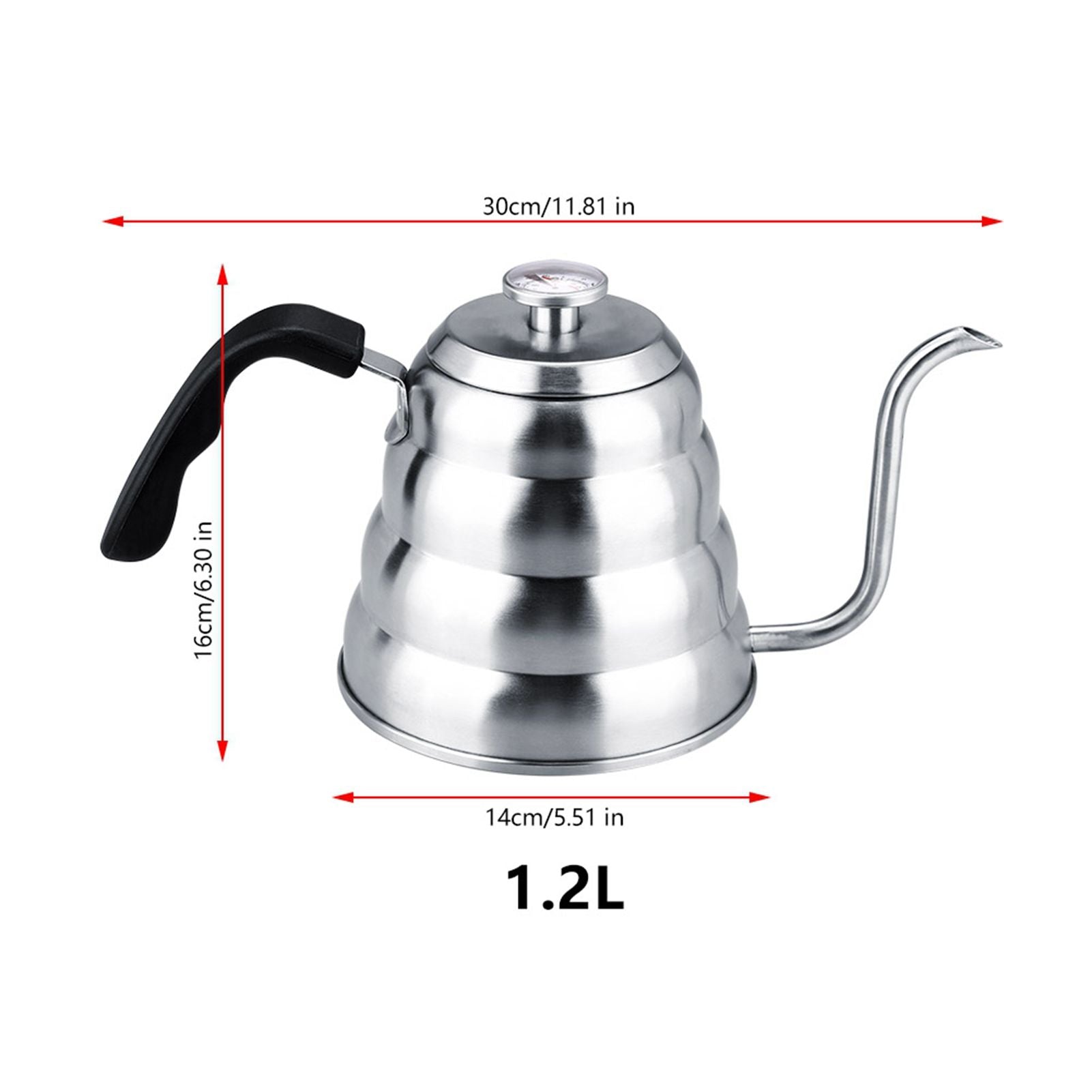 304 Stainless Steel Pour Over Coffee Gooseneck Kettle Teapot with Thermometer Home 1.2L