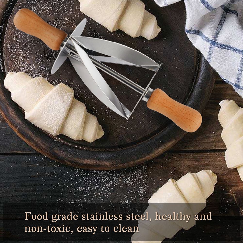 Stainless Steel Croissant Rolling Cutter Bread Dough Pastry Making Tool with Wooden Handle