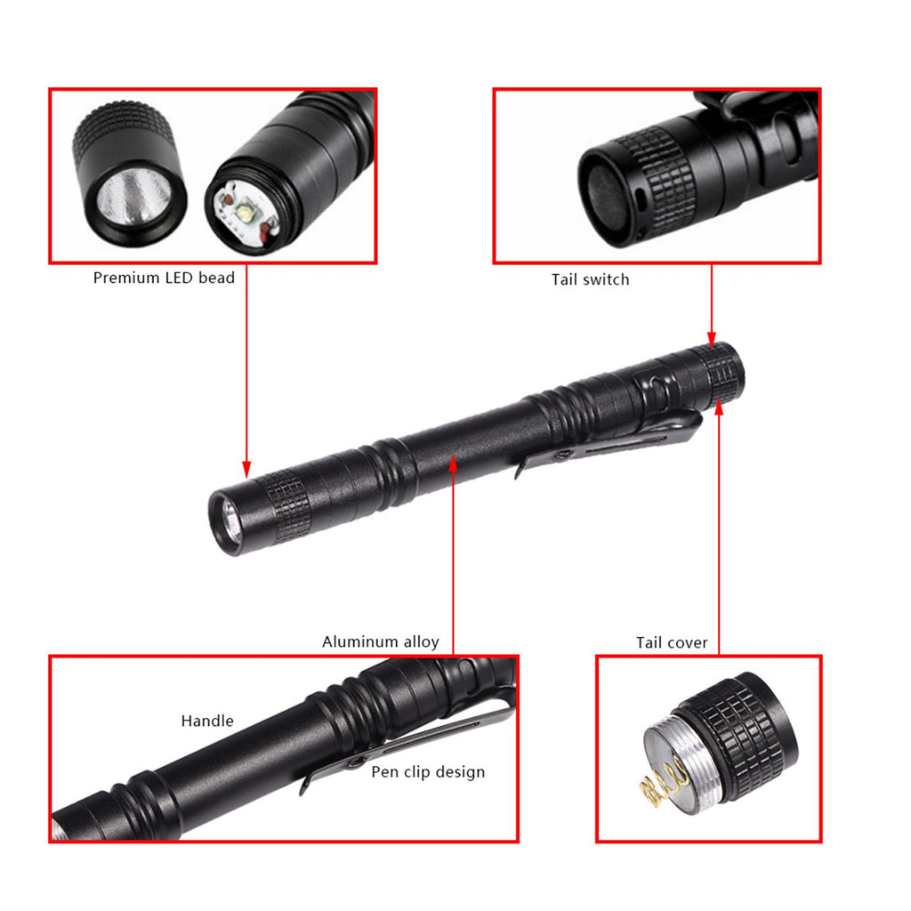 Mini Portable LED Pen Clip Pocket Flashlight High Bright Light Torch Lamp Battery Powered