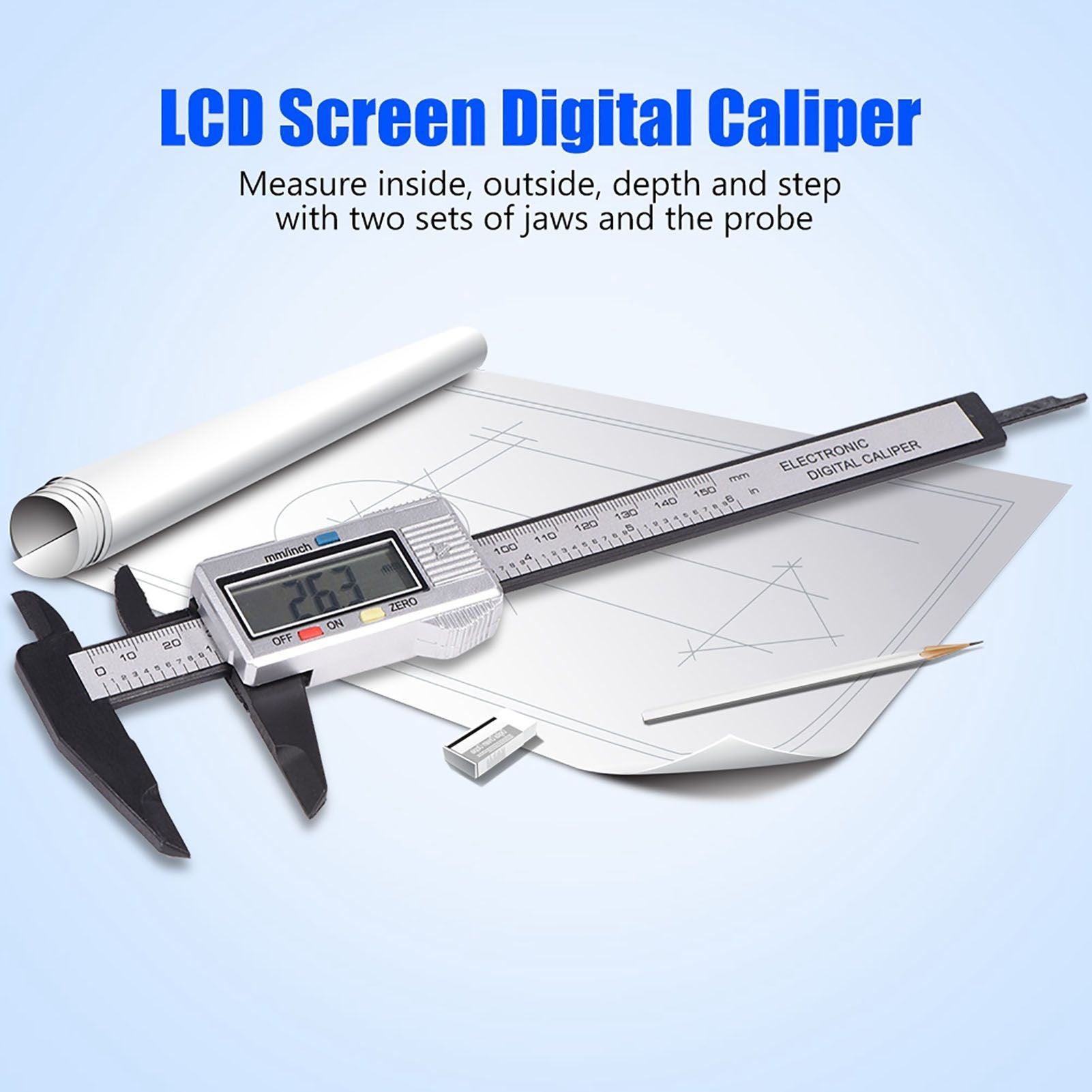 Digital Caliper with Extra Large LCD Screen for Measuring Inside Outside Depth Steps (Silver)
