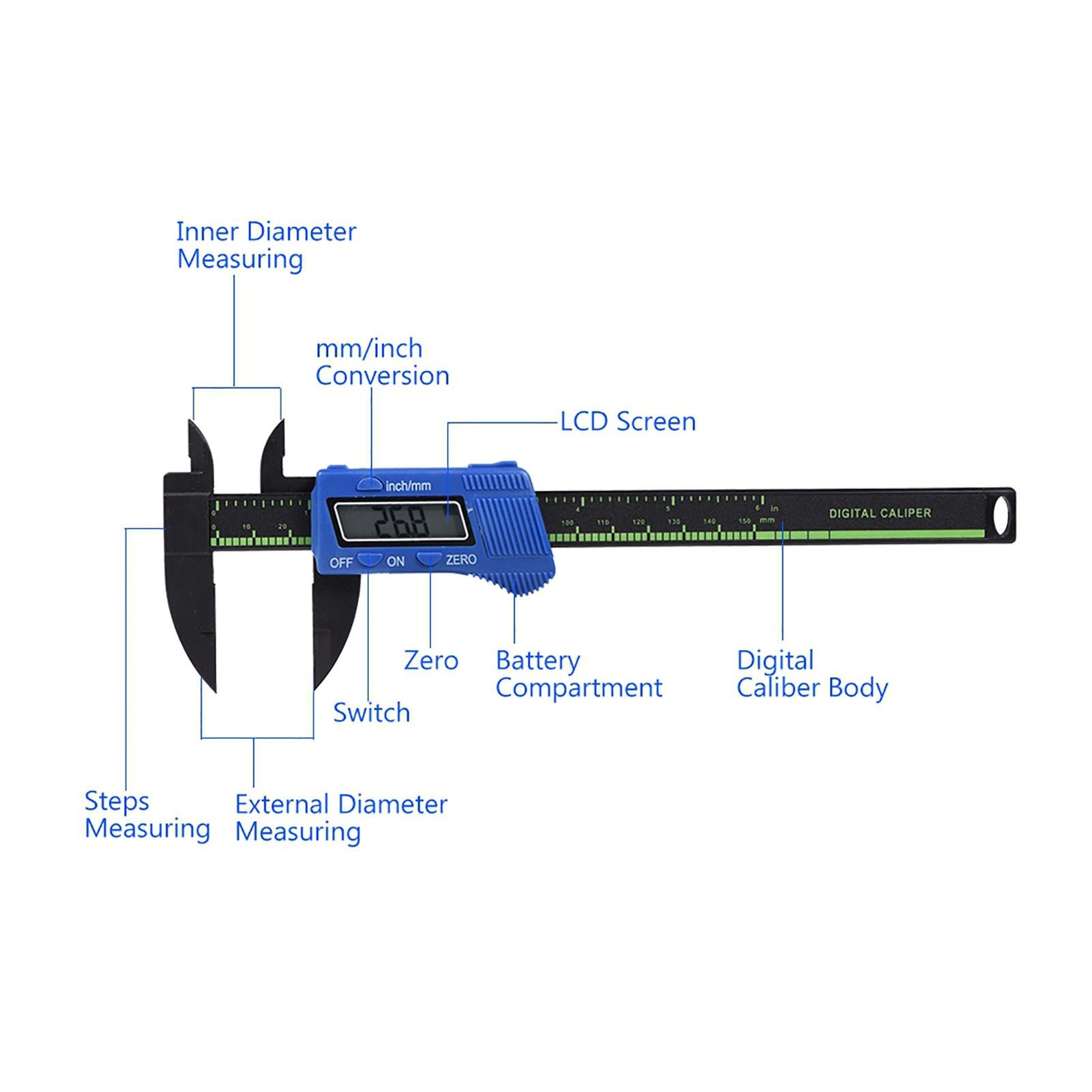 Digital Caliper with Extra Large LCD Screen for Measuring Inside Outside Depth Steps (Blue)