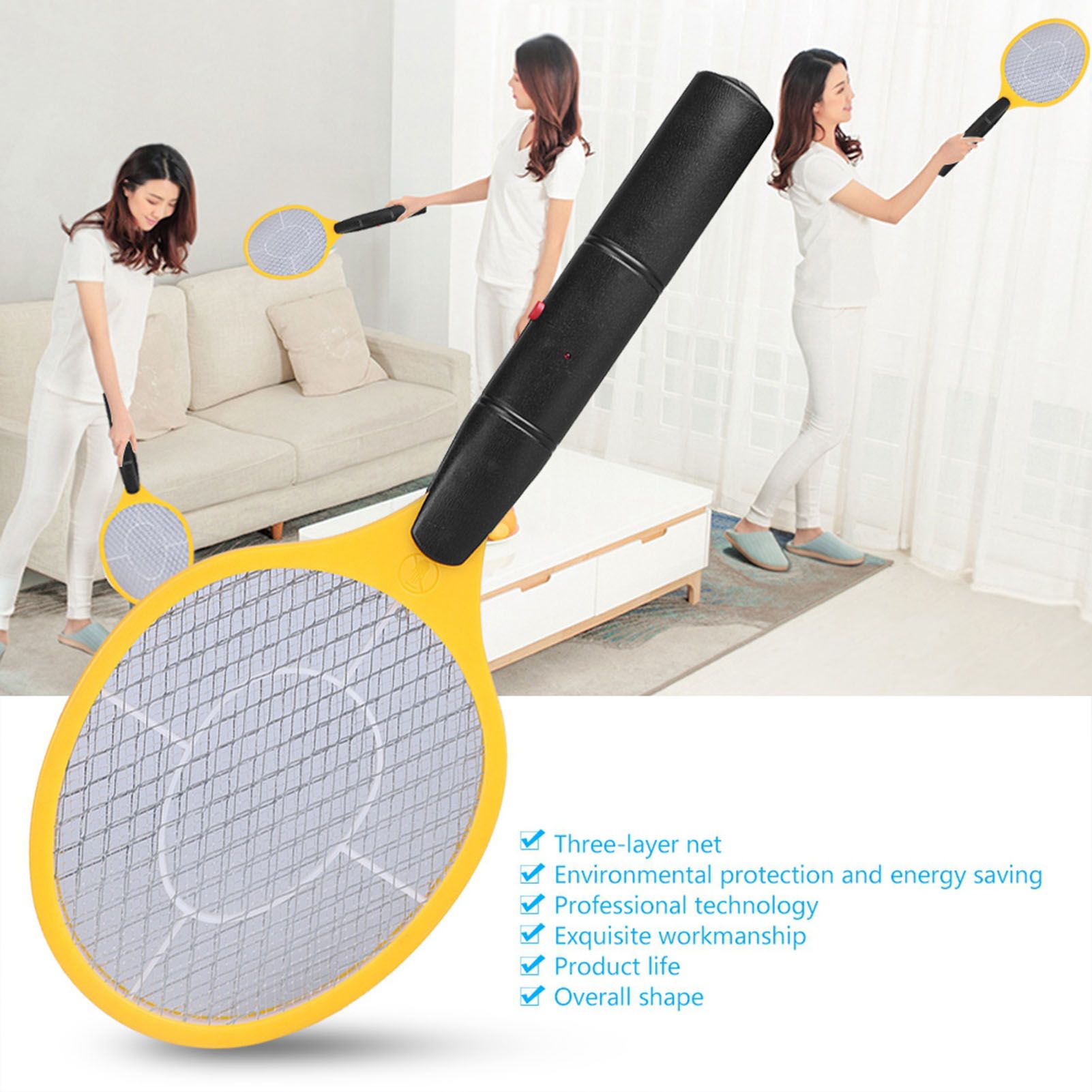 Cordless Battery Power Electric Fly Mosquito Swatter Bug Zapper Racket Insects Killer Yellow