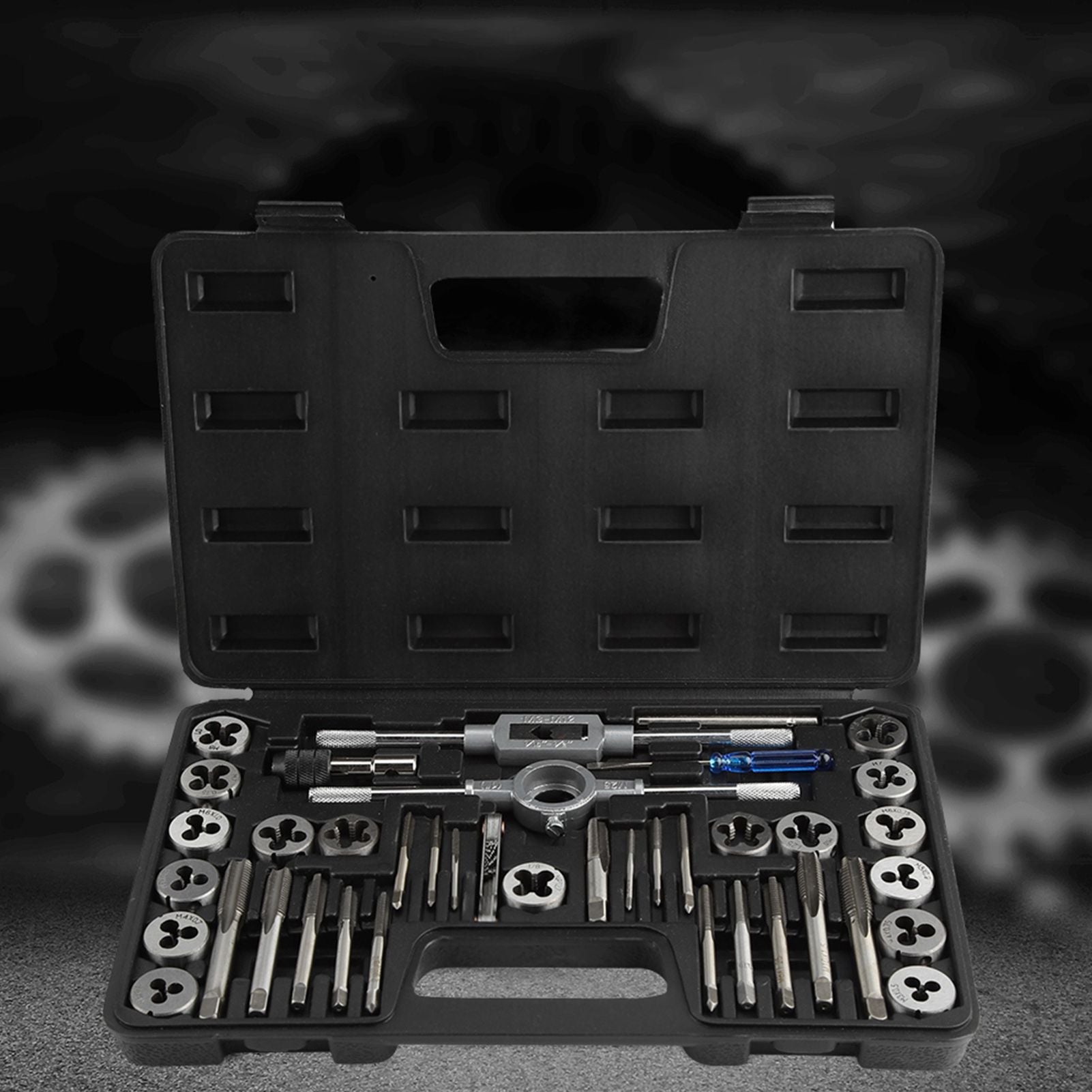 40Pcs M3-M12 Screw Nut Tap and Die Set with Wrenches and Thread Gauge Heavy Duty Hand Tools