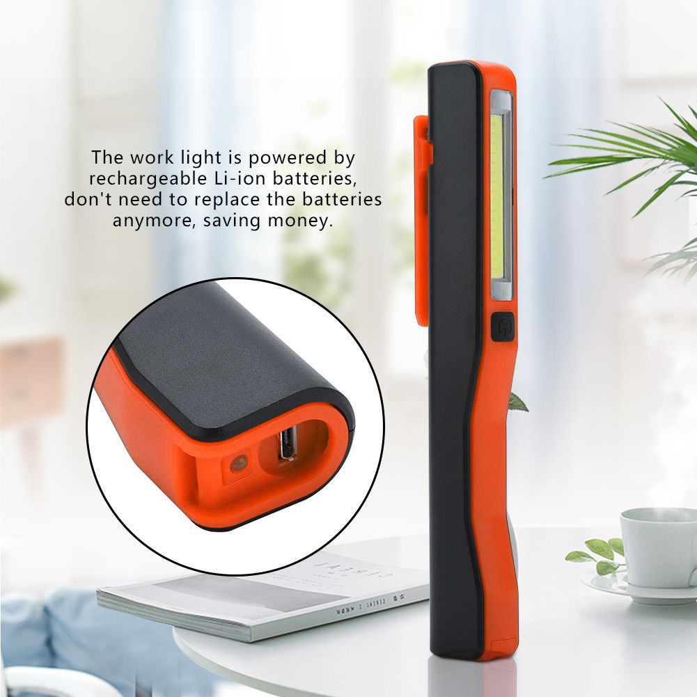 Rechargeable COB LED Flashlight Hand Pocket Pen Work Light with Magnetic Rotating Clip Orange
