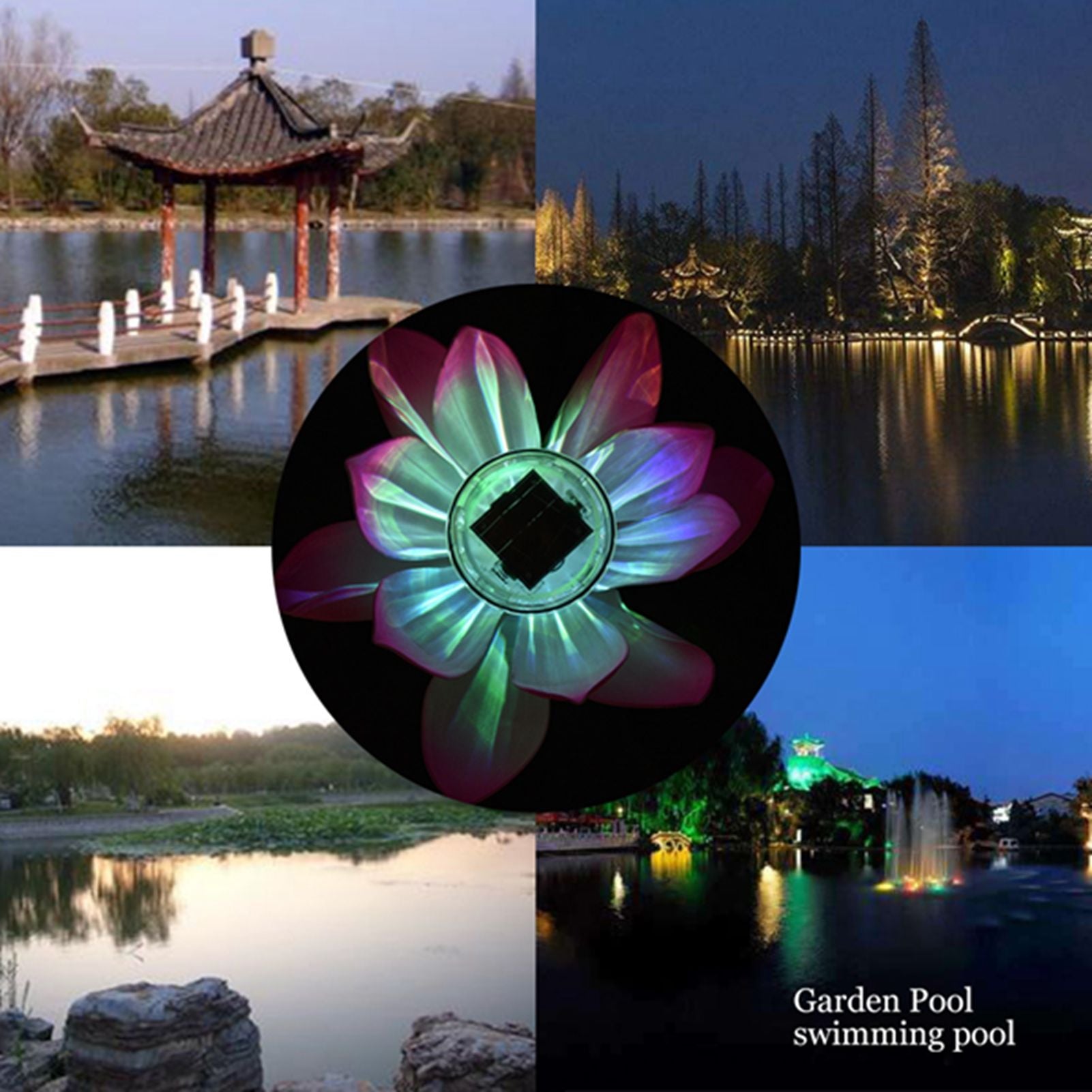 Waterproof Solar Power LED Color Changing Lotus Flower Floating Lamp Garden Colorful Pink