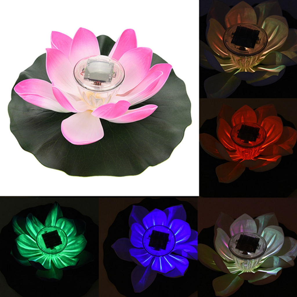 Waterproof Solar Power LED Color Changing Lotus Flower Floating Lamp Garden Colorful Pink