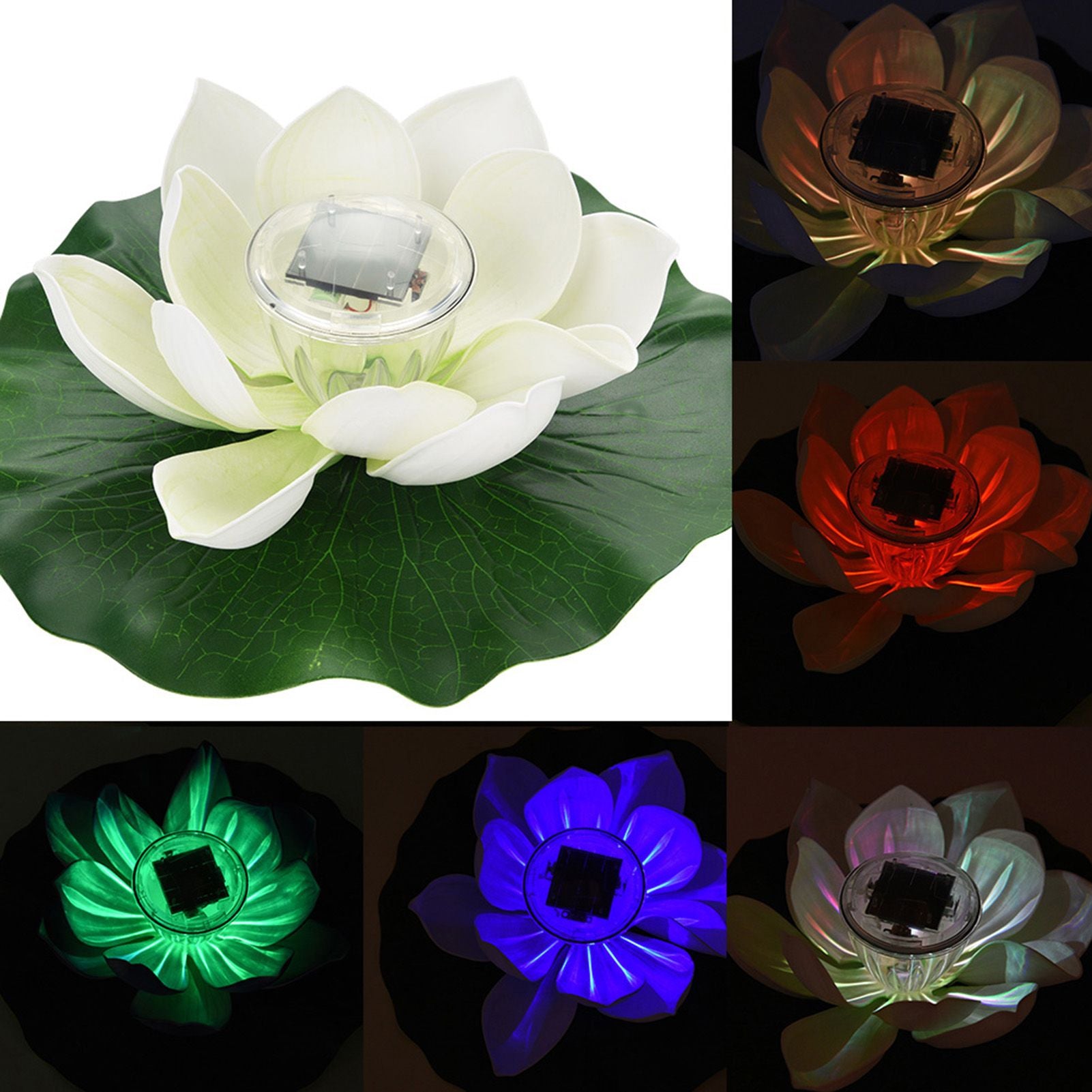 Waterproof Solar Power LED Color Changing Lotus Flower Floating Lamp Garden Colorful White