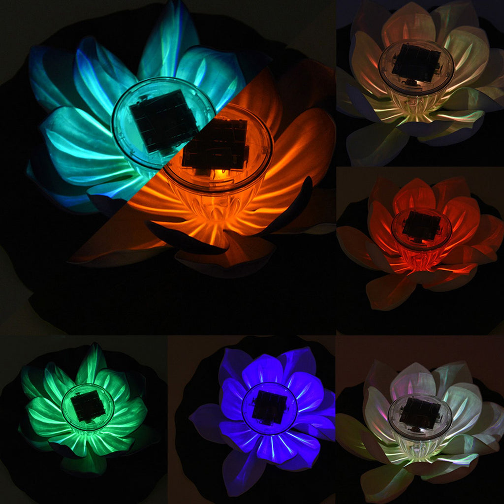 Waterproof Solar Power LED Color Changing Lotus Flower Floating Lamp Garden Colorful White