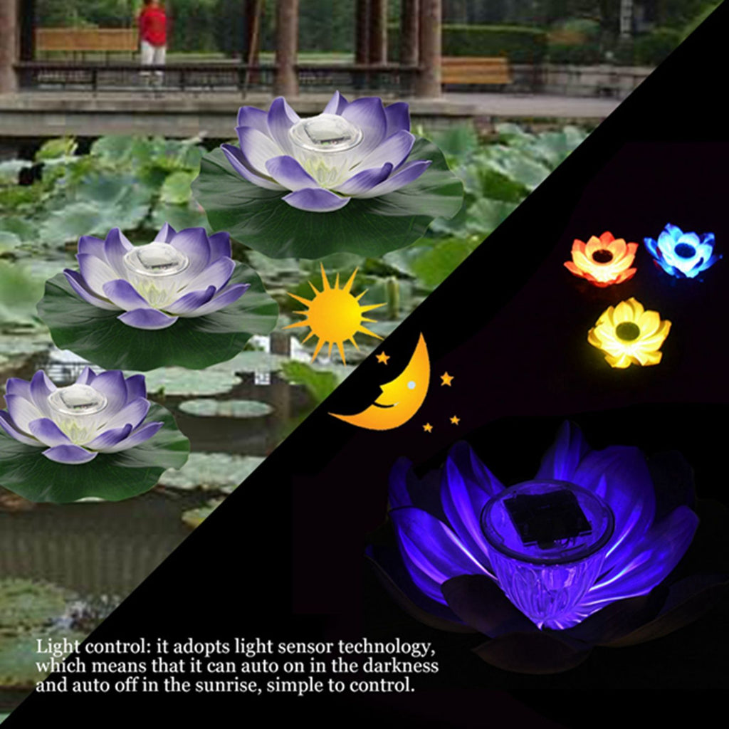 Waterproof Solar Power LED Color Changing Lotus Flower Floating Lamp Garden Colorful Purple