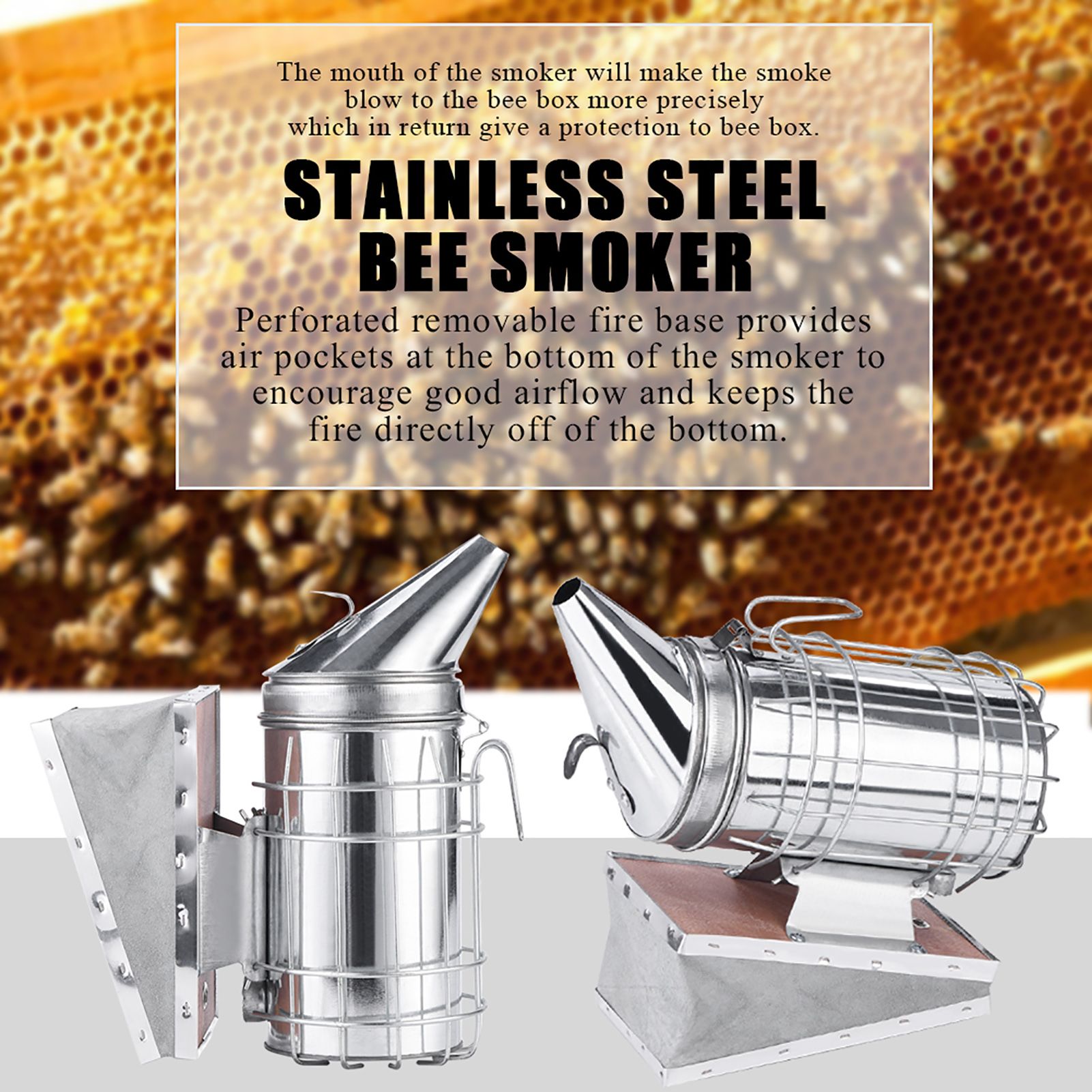 Bee Hive Smoker with Heat Shield Protection Board Iron Beekeeping Equipment