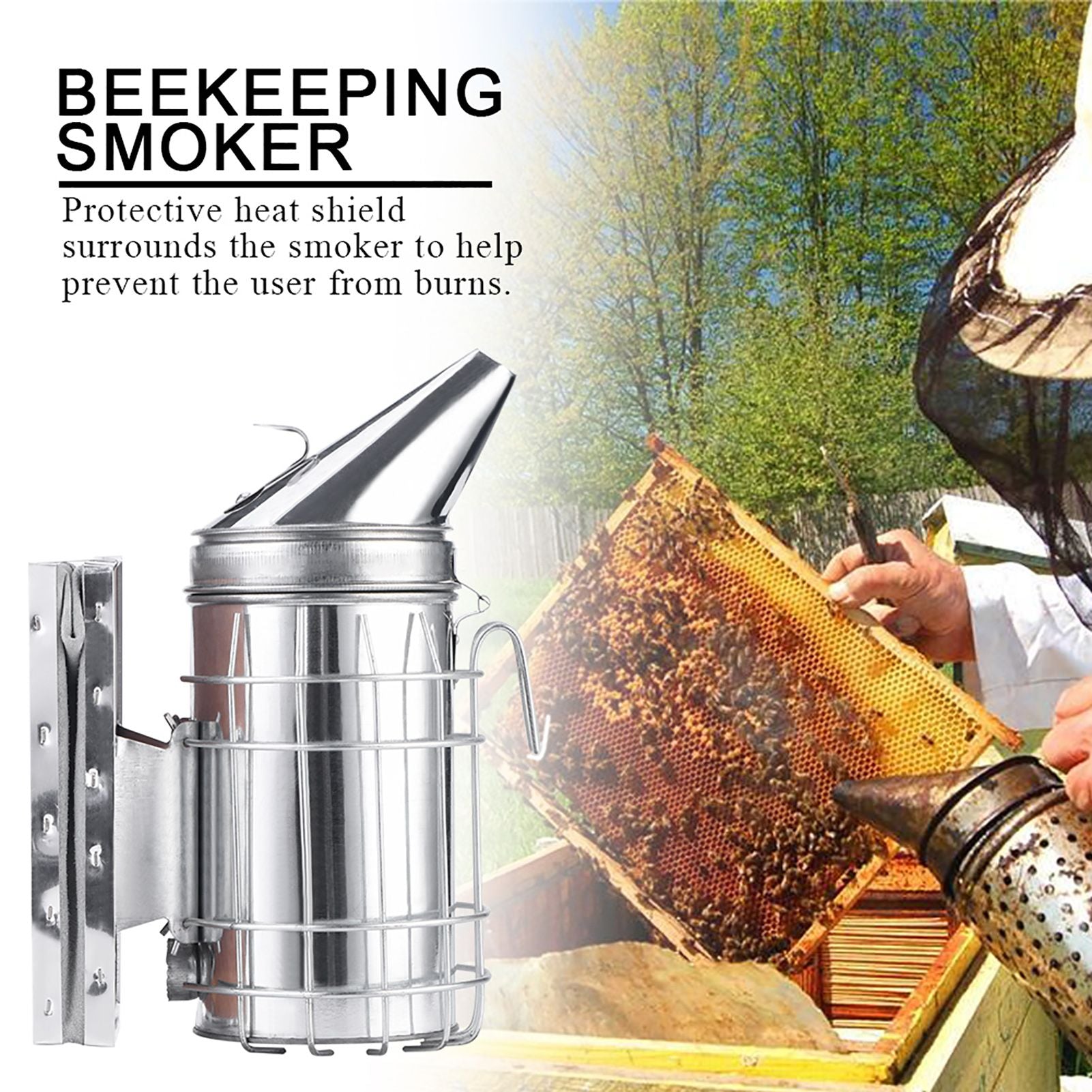 Bee Hive Smoker with Heat Shield Protection Board Iron Beekeeping Equipment