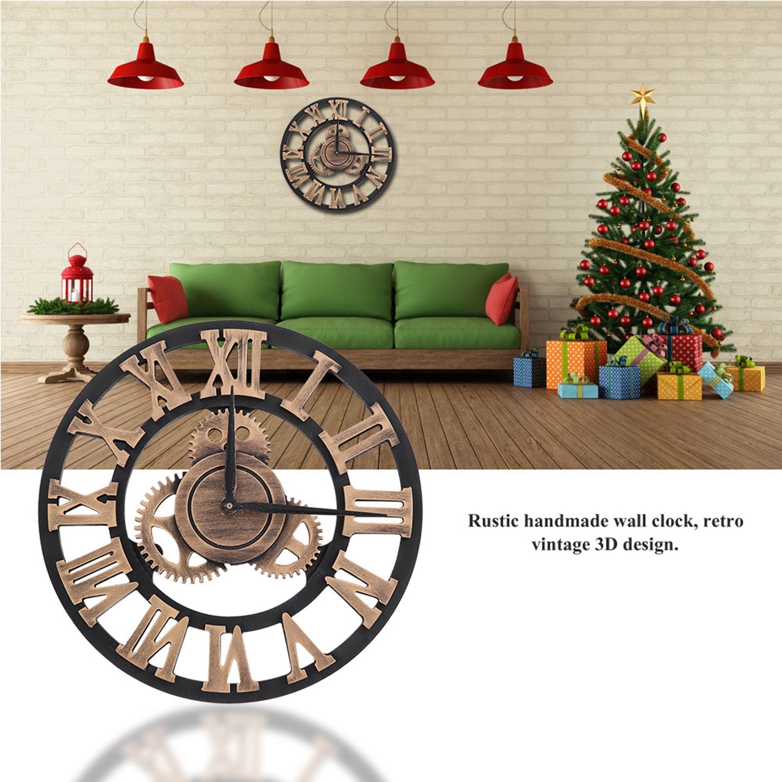 3D Rustic Handmade Wall Clock Gear Wooden Vintage Decor for Living Room/Office/Bar 30cm Gold