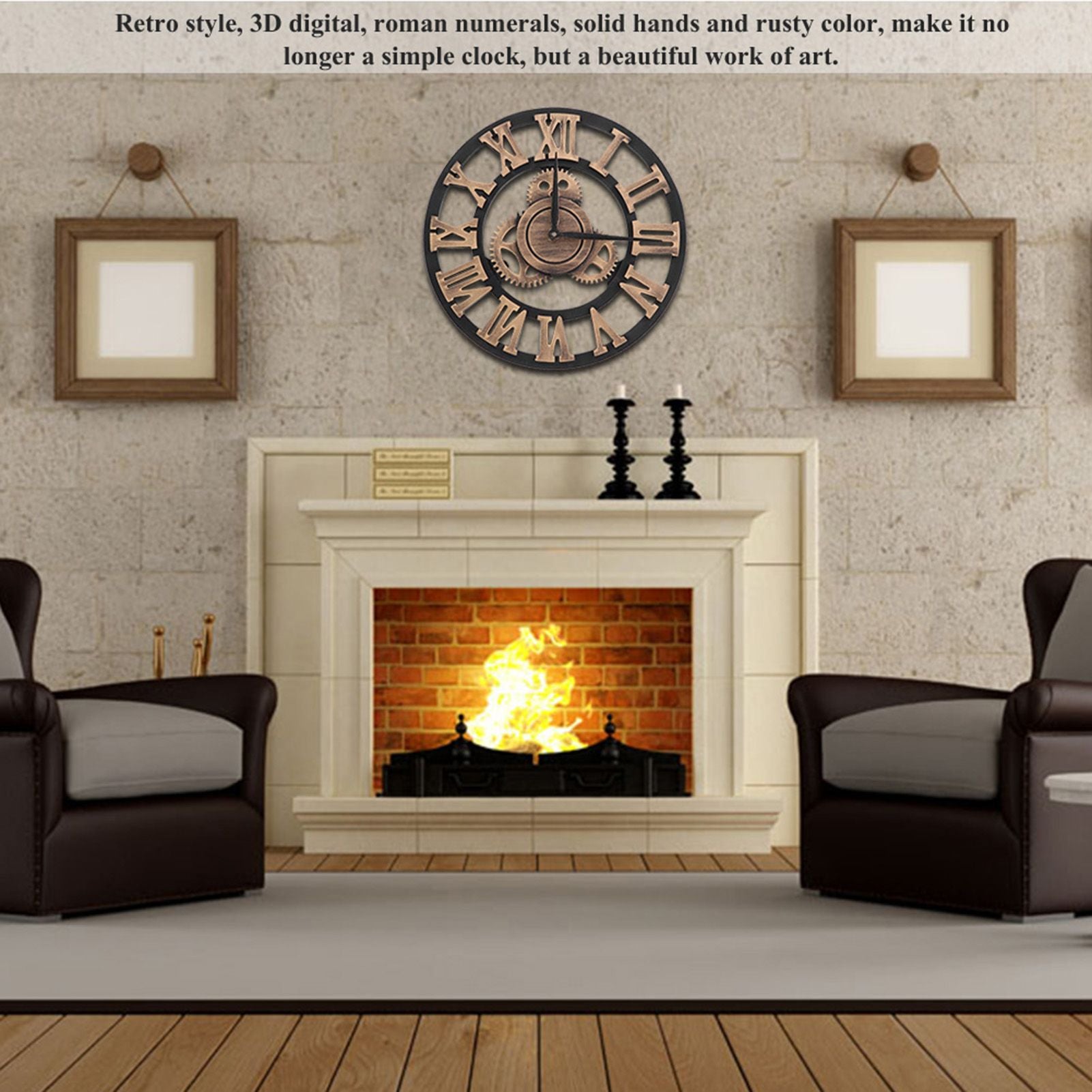 3D Rustic Handmade Wall Clock Gear Wooden Vintage Decor for Living Room/Office/Bar 30cm Gold