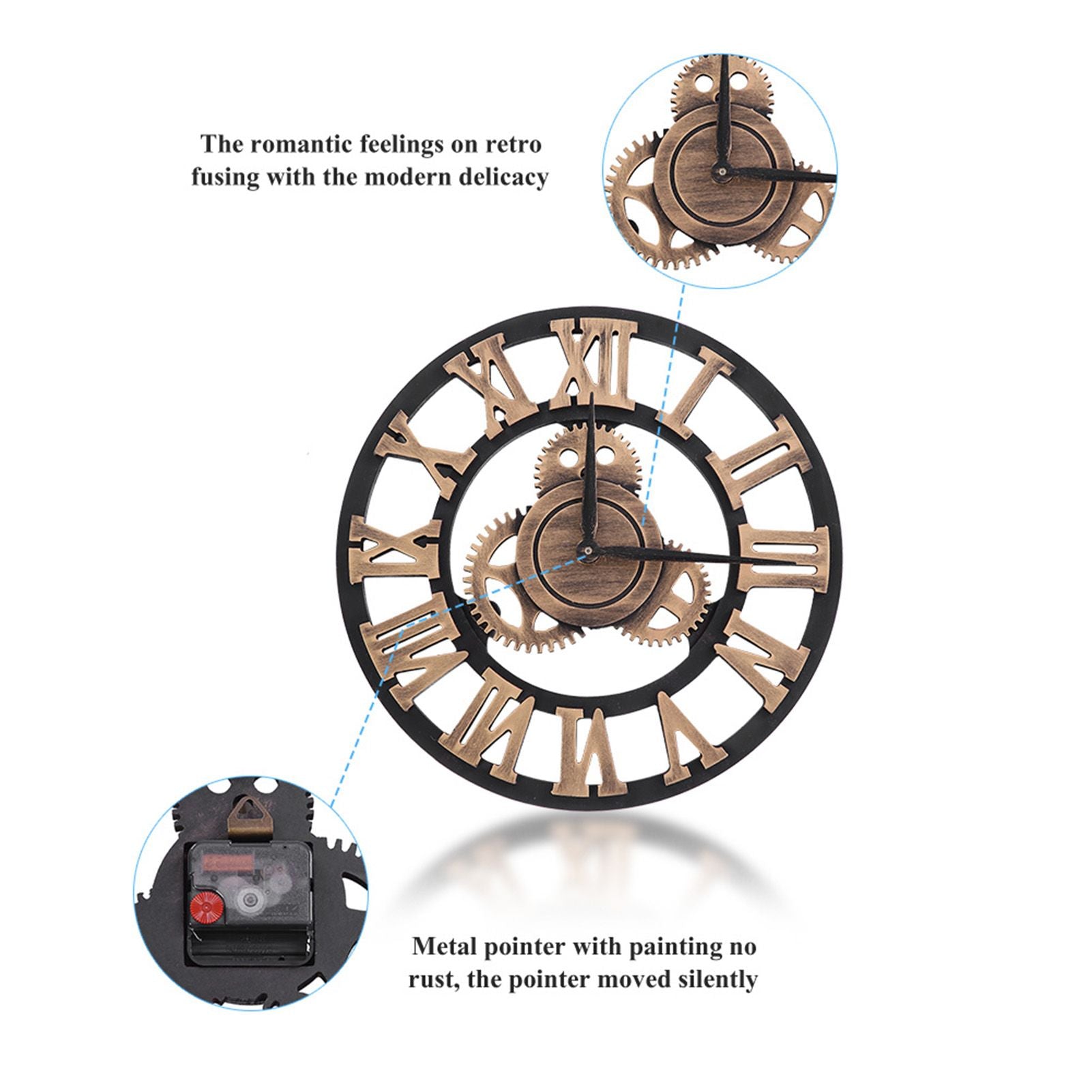 3D Rustic Handmade Wall Clock Gear Wooden Vintage Decor for Living Room/Office/Bar 30cm Gold