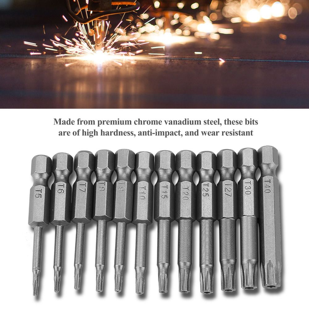 12Pcs Chrome Vanadium Steel 1/4in Hex Shank T5-T40 Magnetic Security Star Screwdriver Bits