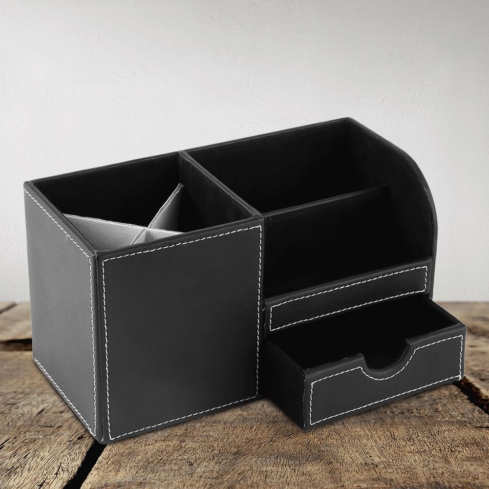 1Pc Wooden Leather Multifunction Desk Stationery Organizer Storage Box Pen Pencil Holder Case
