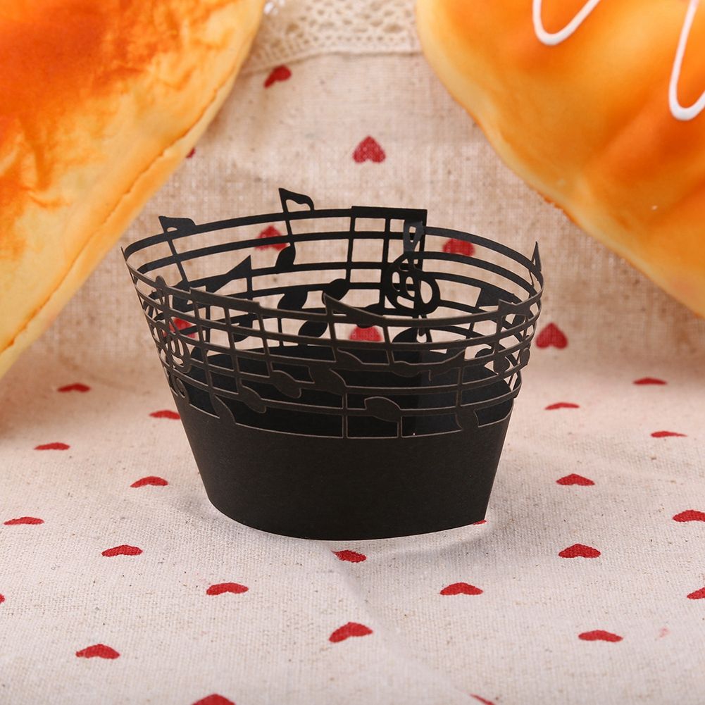 50Pcs Cupcake Papper Wrapper Musical Notes Hollow Out Wedding Birthday Party Decoration Black