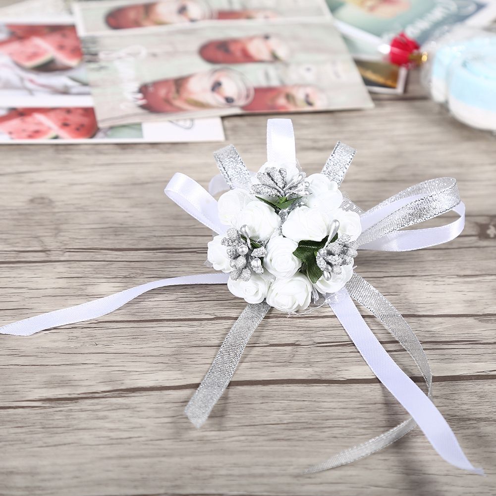 Beautiful Hand Ribbon Flower Bridal Bridesmaid Wrist Corsage Prom Wedding Decorations (Silver)