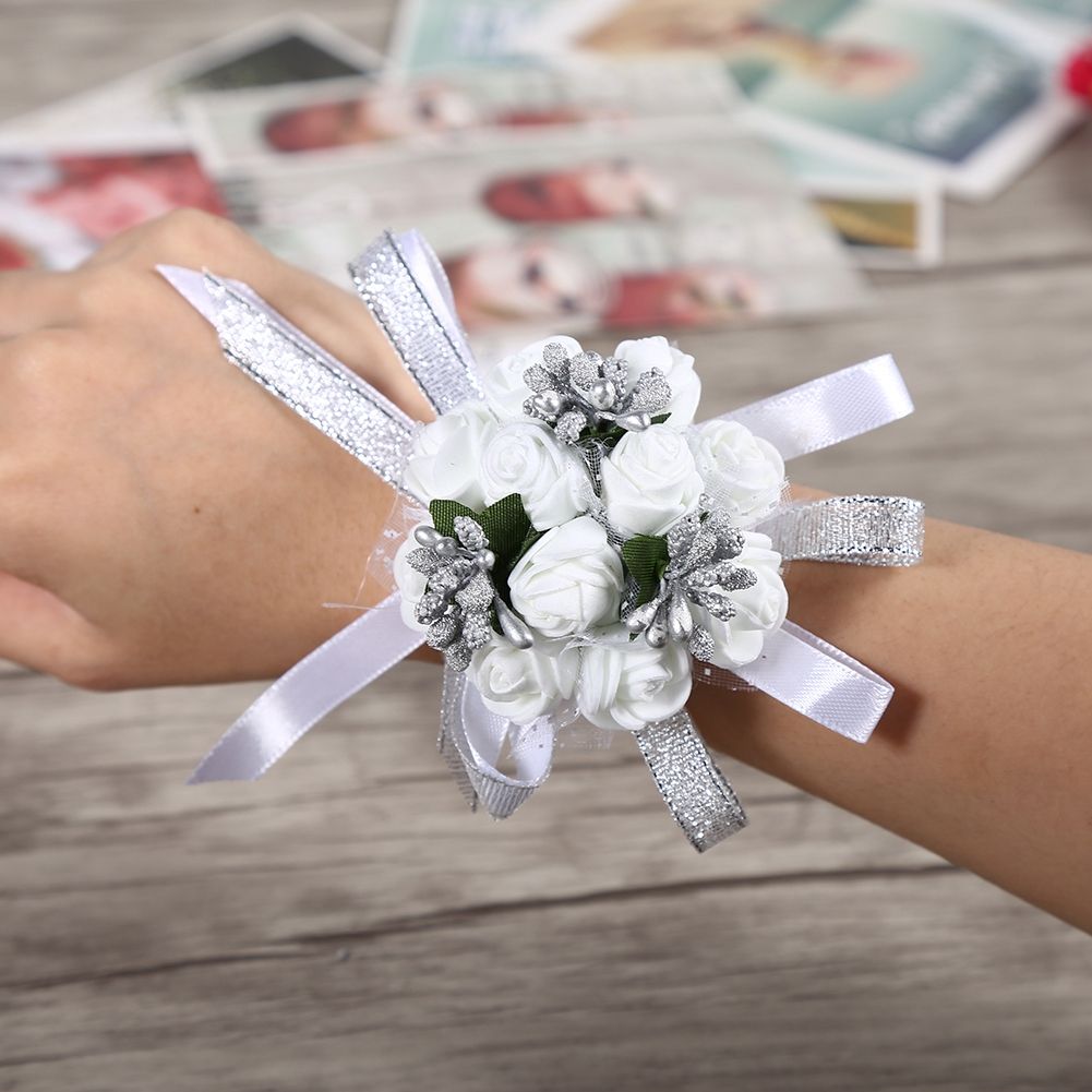 Beautiful Hand Ribbon Flower Bridal Bridesmaid Wrist Corsage Prom Wedding Decorations (Silver)