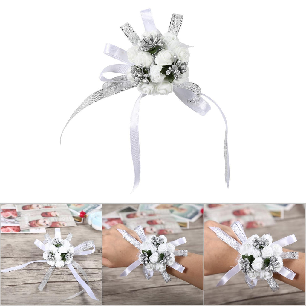Beautiful Hand Ribbon Flower Bridal Bridesmaid Wrist Corsage Prom Wedding Decorations (Silver)