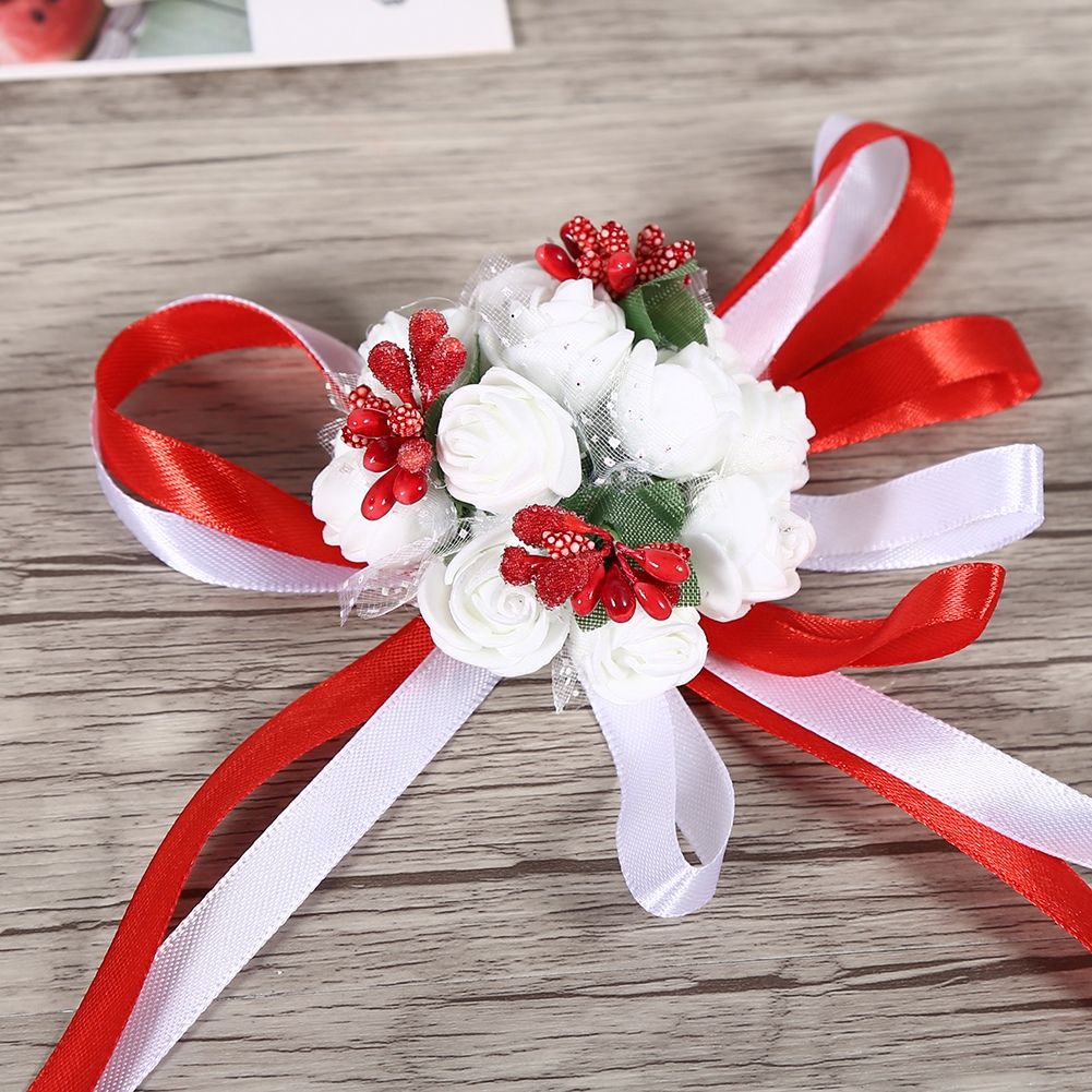 Beautiful Hand Ribbon Flower Bridal Bridesmaid Wrist Corsage Prom Wedding Decorations (Red)