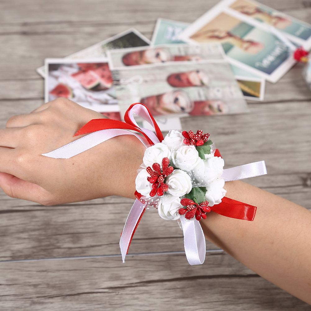 Beautiful Hand Ribbon Flower Bridal Bridesmaid Wrist Corsage Prom Wedding Decorations (Red)